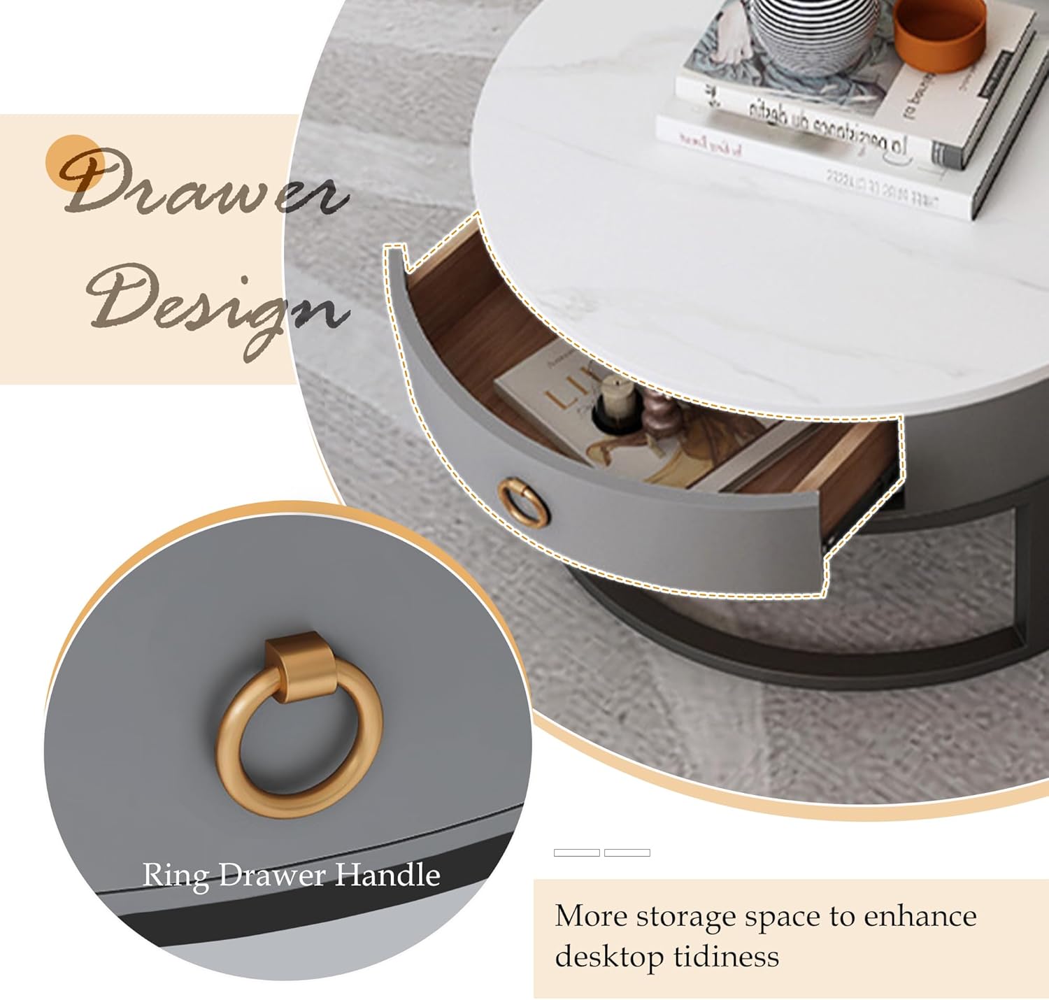 Jerry & Maggie Ø 27.5" Modern Nesting Coffee Table Set of 2, Round Glass Coffee Table & Side Table with Drawer, Tempered Glass & Leather Upholstery, Coffee Tables for Living Room, Small Space Friendly