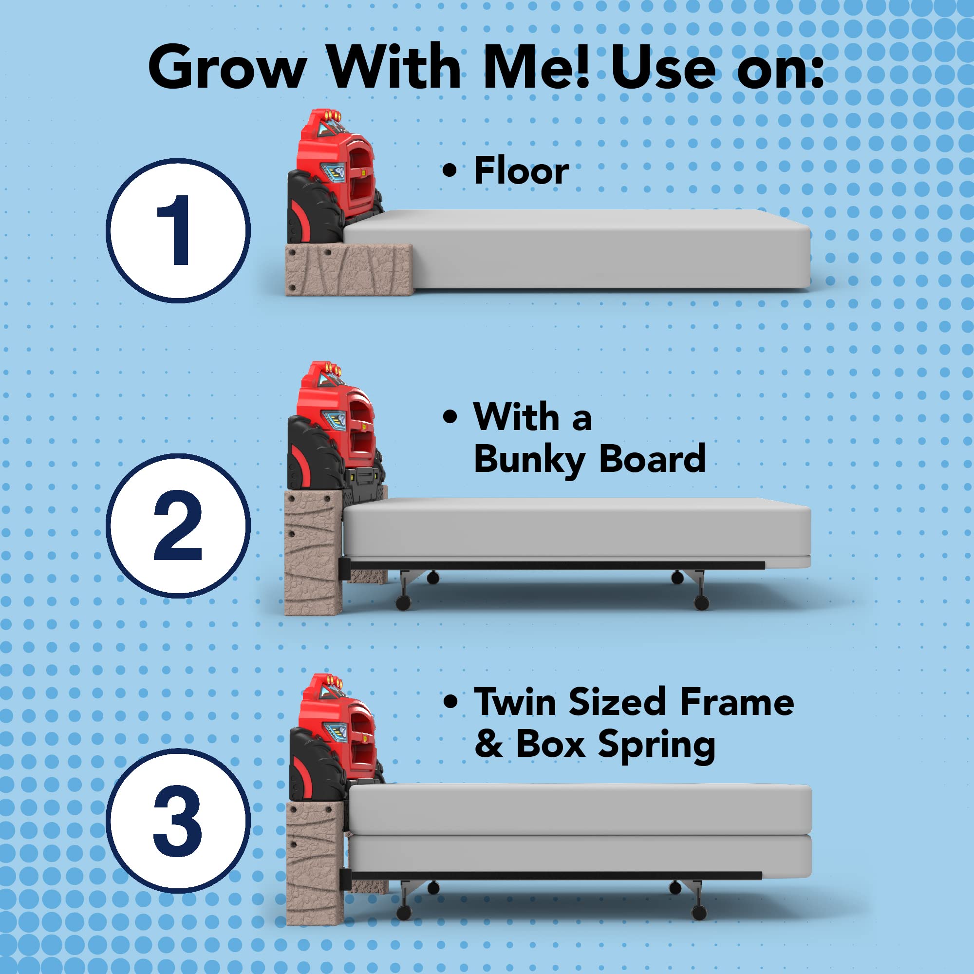 Simplay3 Monster Truck Headboard, Twin Size Plastic Car Bed Headboard for Kids, Toddlers and Boys with Toy Car Storage - Red, Made in USA