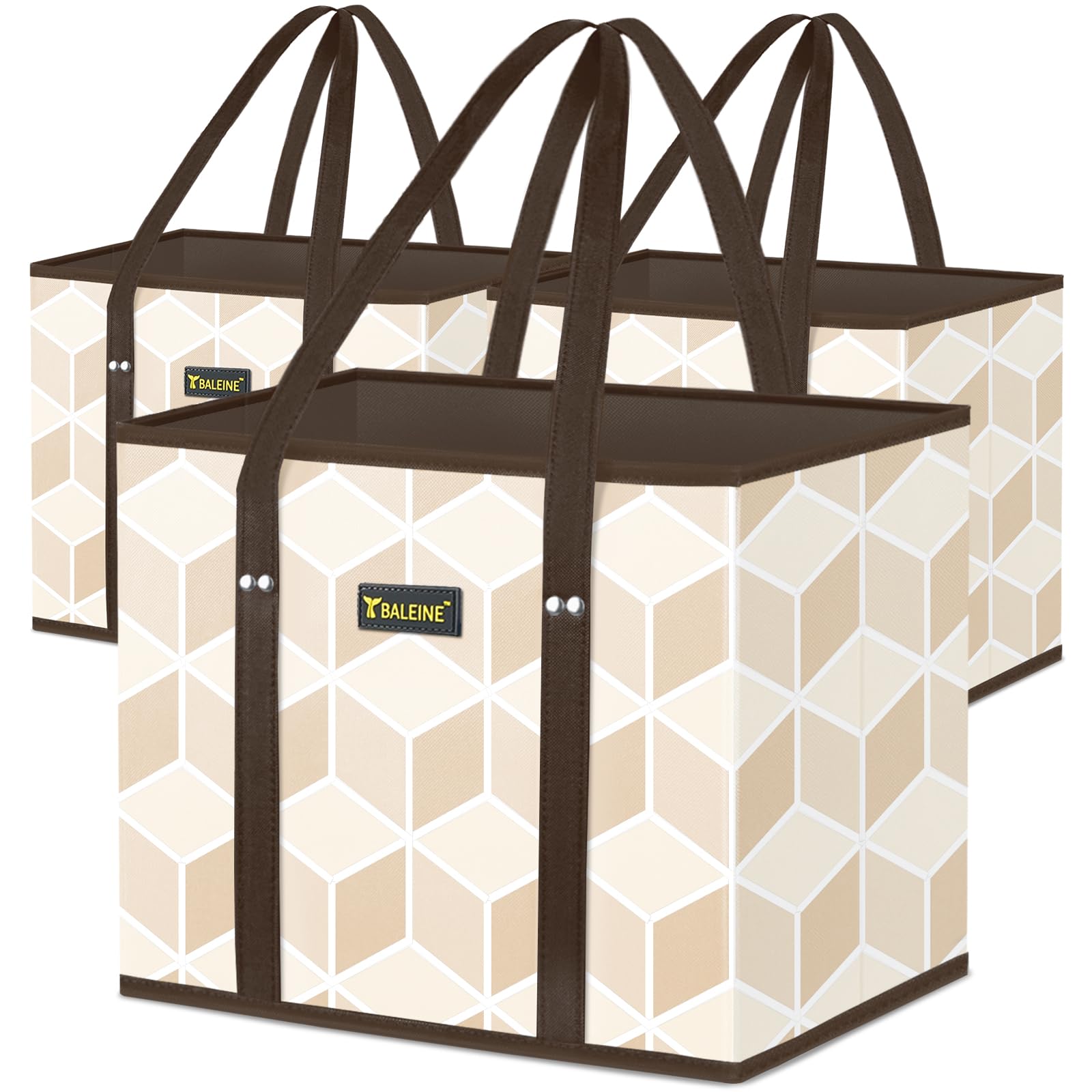 BALEINE 3Pk Reusable Grocery Bags, Foldable Shopping Bags for Groceries with Reinforced Bottom & Handles (Antique Foliage)