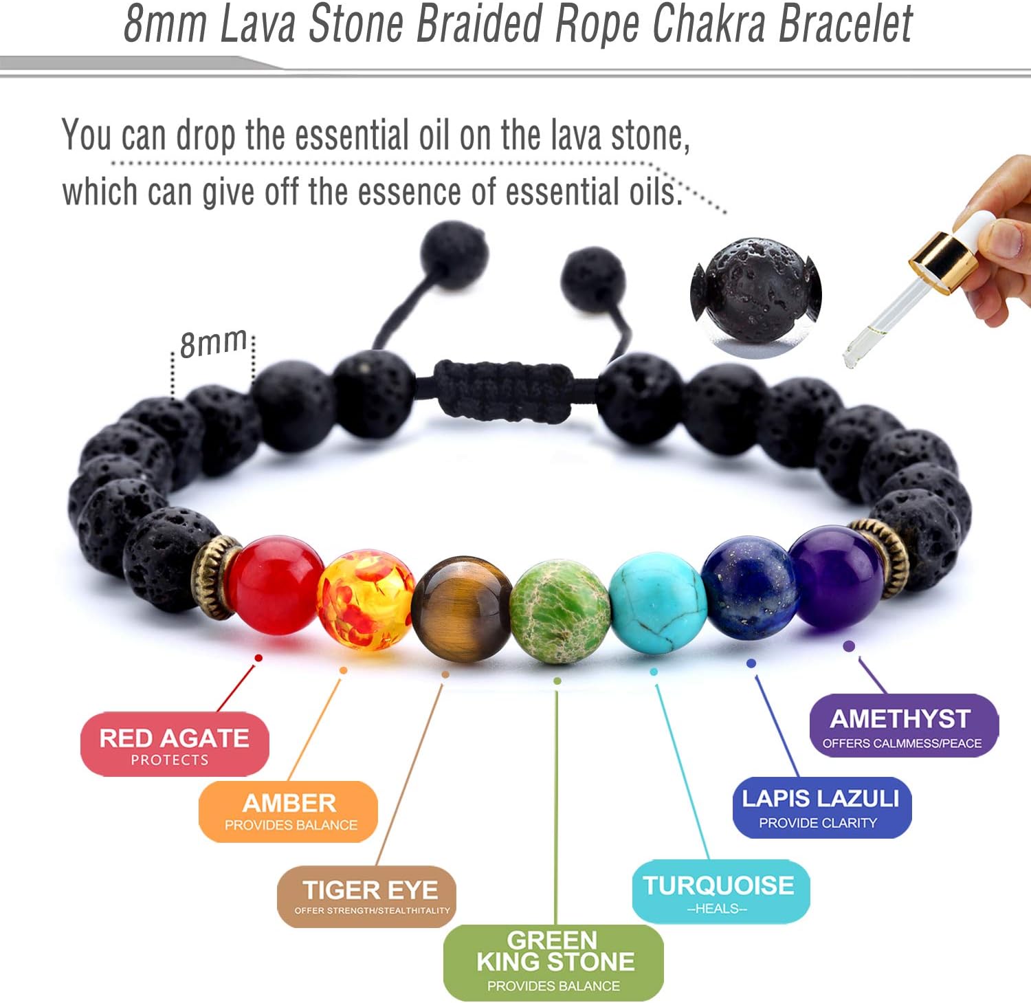 Hamoery Men Women 8mm Lava Rock Beads Chakra Bracelet Braided Rope Natural Stone Yoga Bracelet Bangle