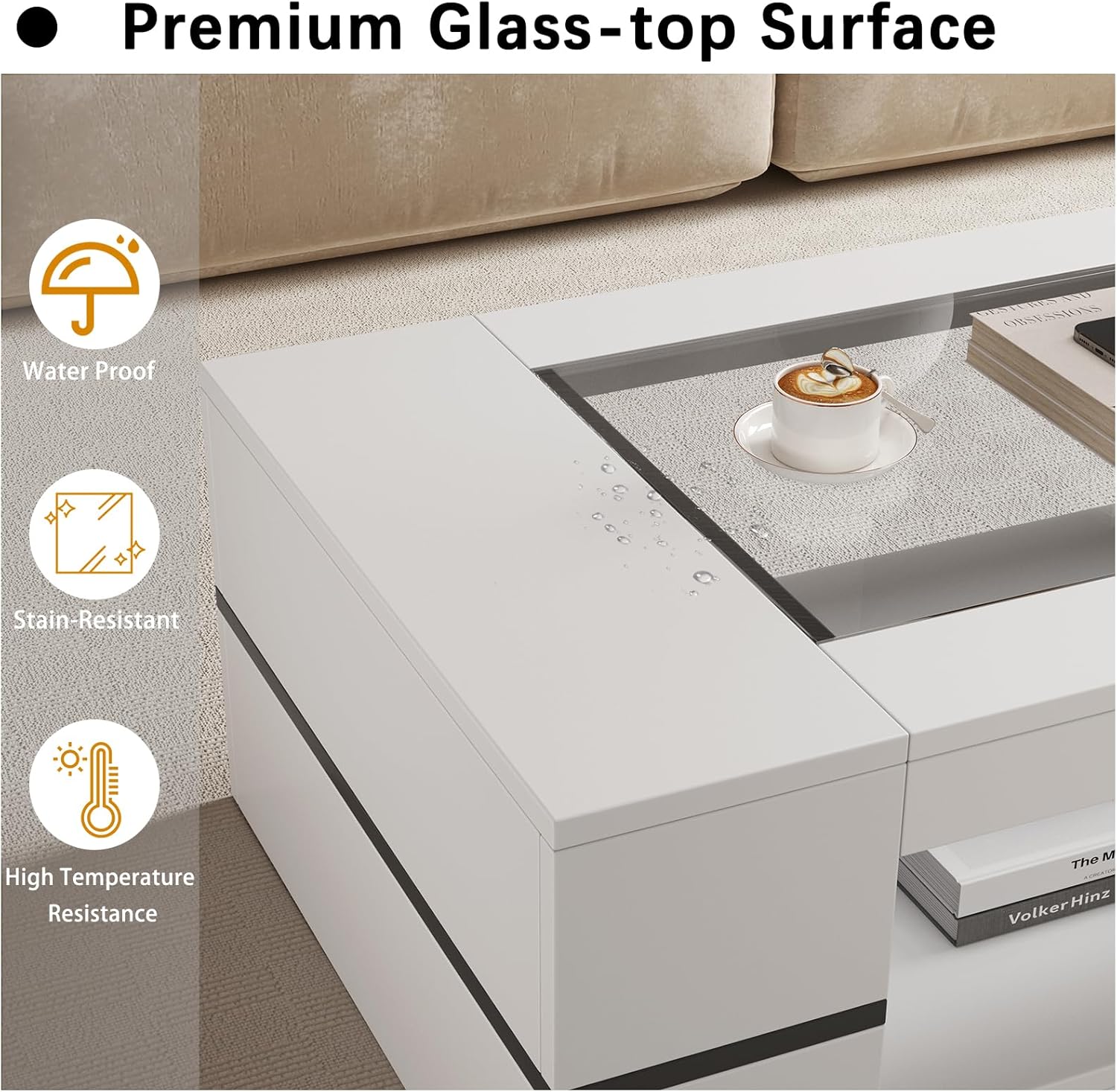 47.2" Modern Stylish Coffee Table with Glass Table Top, Large Living Room Table Rectangular 2-Tier Center Tables with Storage, Wooden Tea Tables for Dining Reception Room, White