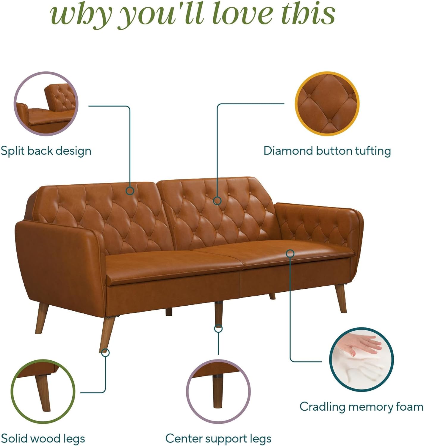 Novogratz Tallulah Memory Foam Futon, Convertible Couch, Camel Faux Leather