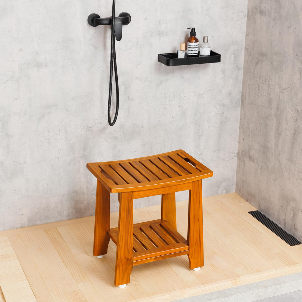 NNN 14" Compact Teak Shower Stool with Shelf & Handle - Waterproof, Non-Slip Bath Bench for Small Bathrooms/Outdoor Use, 300 lbs Capacity (Patented)