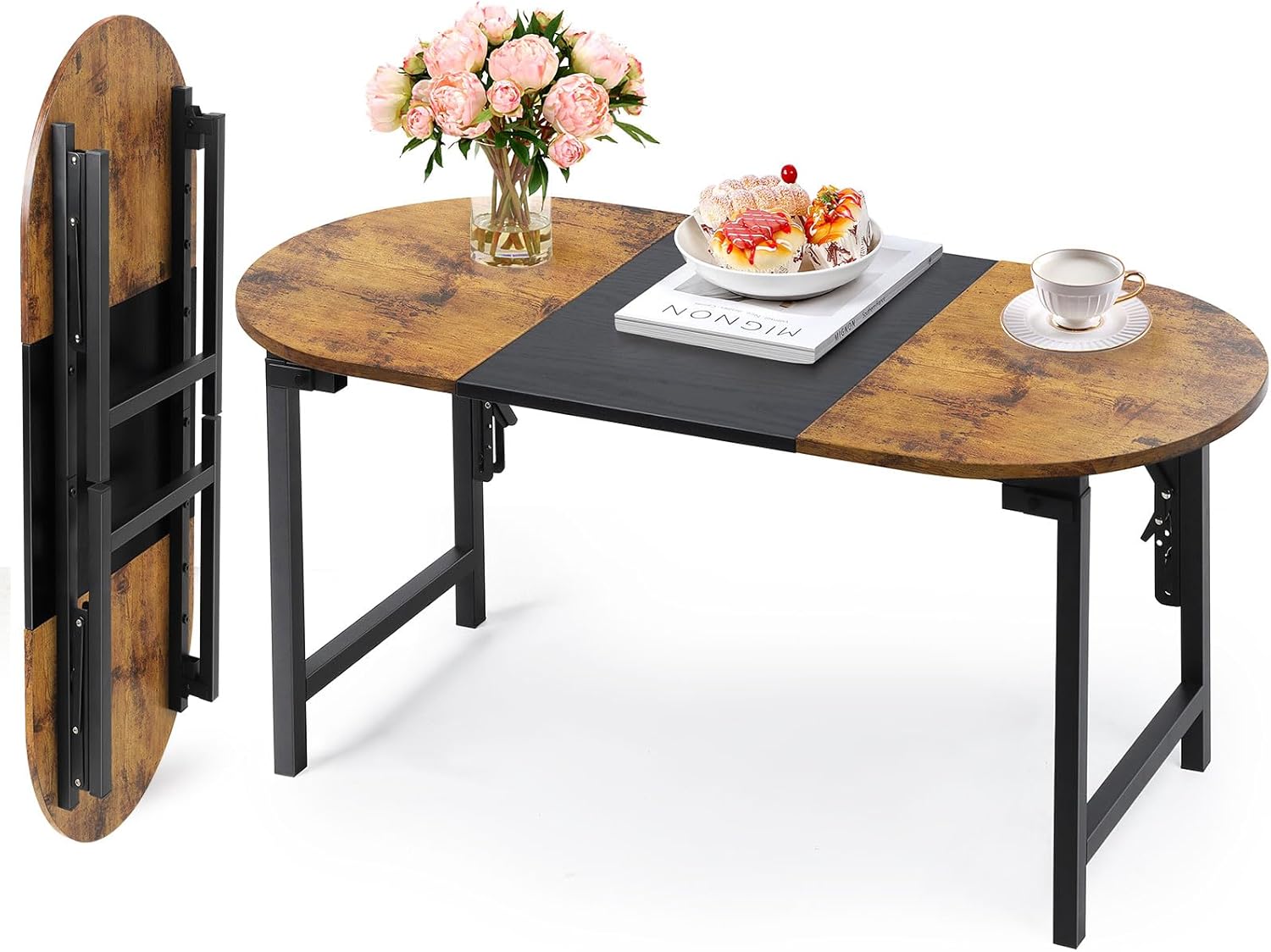 Shinoske Folding Coffee Tables for Small Spaces,35.4" Small Coffee Tables for Living Room,Dorm,Apartment,Space Saving,Rustic Oval Cocktail Tea Table,Easy to Fold,Brown and Black