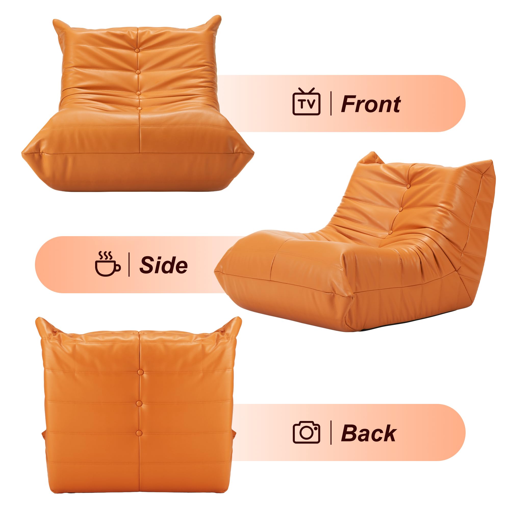 Hobestluk Bælgpose Stol Kæmpe Bælgpose Sofa Memory Foam Bælgpose Sofaer til Voksne, Læder Bælgpose Stole til Stue Soveværelse Kollegieværelse Kontor (Orange)