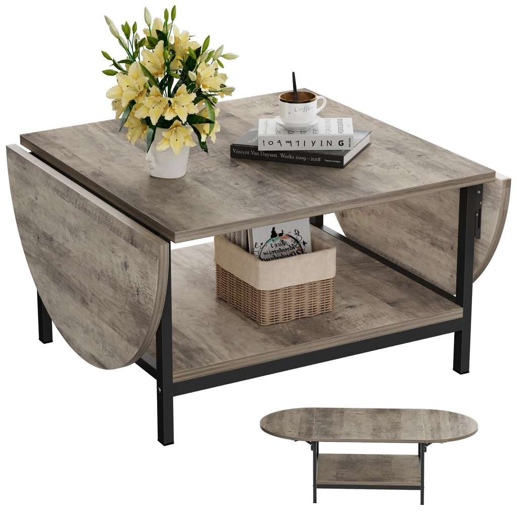 SAYGOER Black Coffee Table Modern Extended Coffee Tables with Storage for Living Room 2-Tier Unique Center Table with Two Folding Panel for Any Large or Small Space,Foldable, All Black