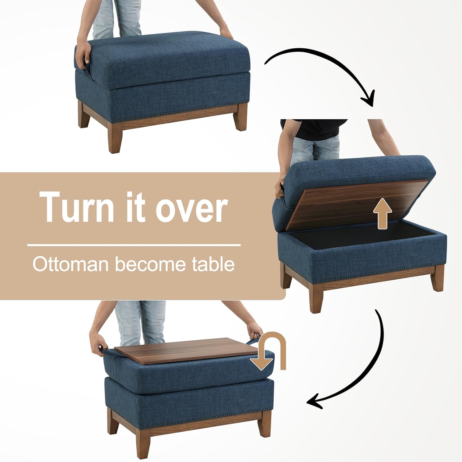 4-Piece Living Room Sofa Set with Coffee Table, Vintage Rivet Couch Sets with Solid Wood Legs, Chenille Sofas Furniture of Ottoman with Storage Space, Armchair, Loveseat and 3-Seat Sofa