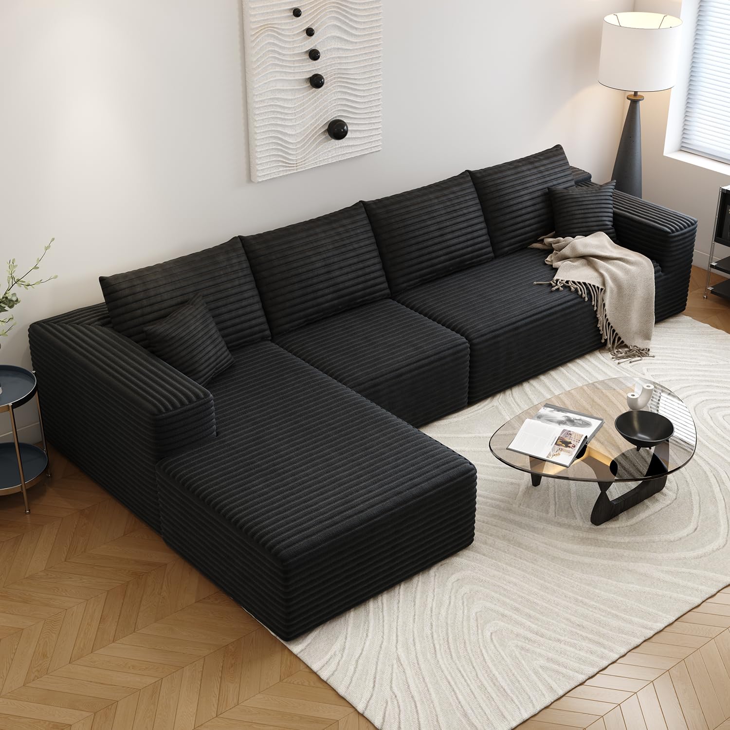 107.5" Cloud Sectional Couch with L-Shape Chaise,Modern Modular Sofa with Deep Seat, Upholstered Couches for Living Room Bedroom Apartments,No Assembly Required, (Black,Right Facing Chaise)