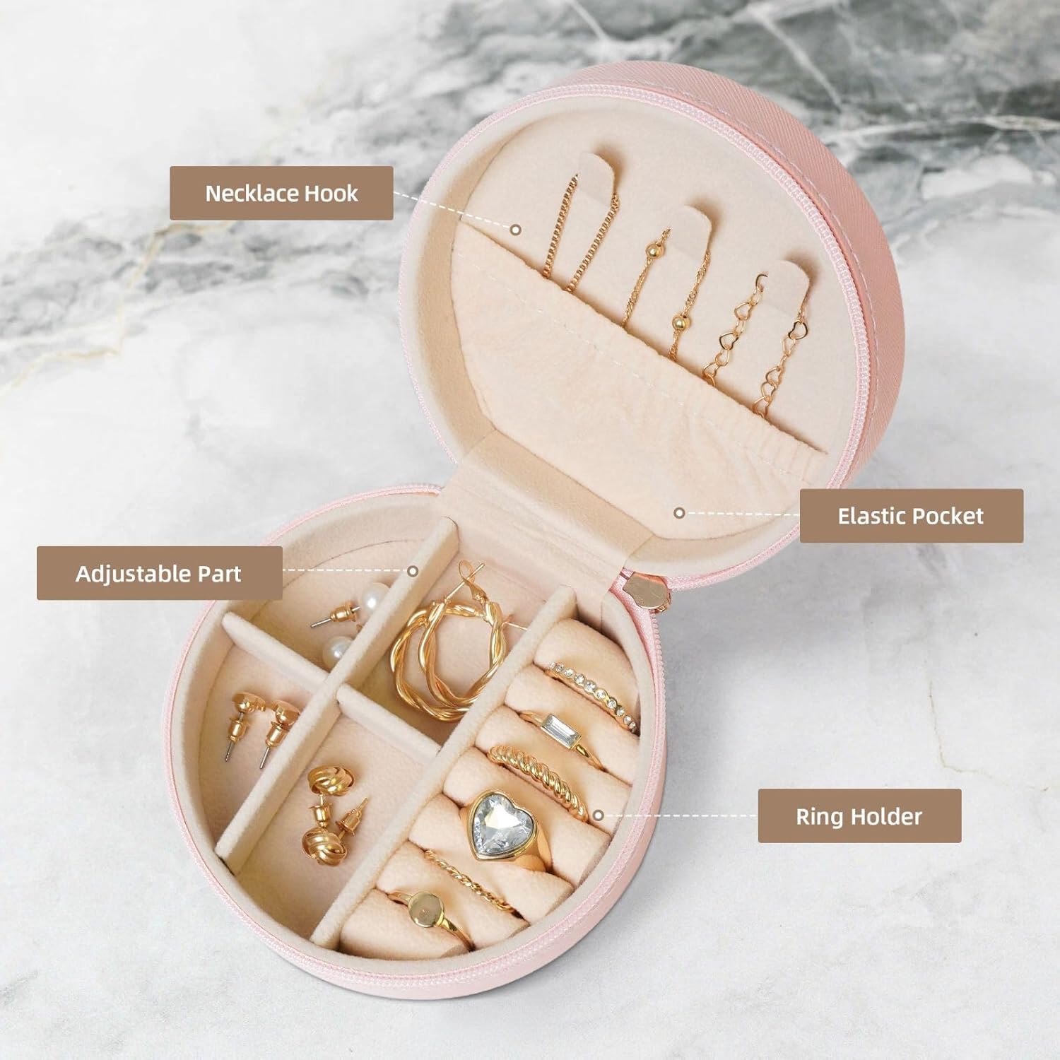 Petoskey Stone Jewelry Case Small Jewelry Box Gift for Women Leather Travel Jewelry Organizer Round Storage Purse with Zipper Display Storage Box for Rings Earrings Necklaces