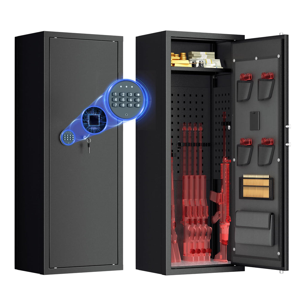 Greenvelly 10-14 Waffenschrank für Gewehre und Pistolen, feuerfester Waffenschrank mit Schnellverschluss, verstellbaren Regalen und Taschen, abschließbarer Waffenschrank mit Gewehrhalterung für Zuhause und Schrotflinte (Schwarz)