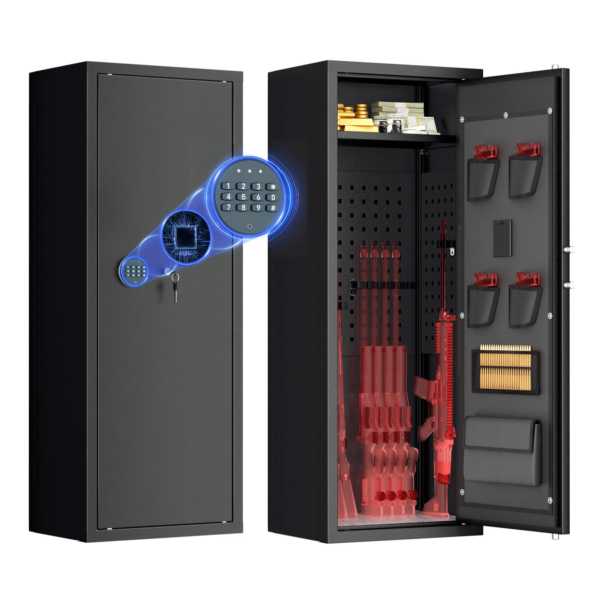 Greenvelly 10-14 Waffenschrank für Gewehre und Pistolen, feuerfester Waffenschrank mit Schnellverschluss, verstellbaren Regalen und Taschen, abschließbarer Waffenschrank mit Gewehrhalterung für Zuhause und Schrotflinte (Schwarz)