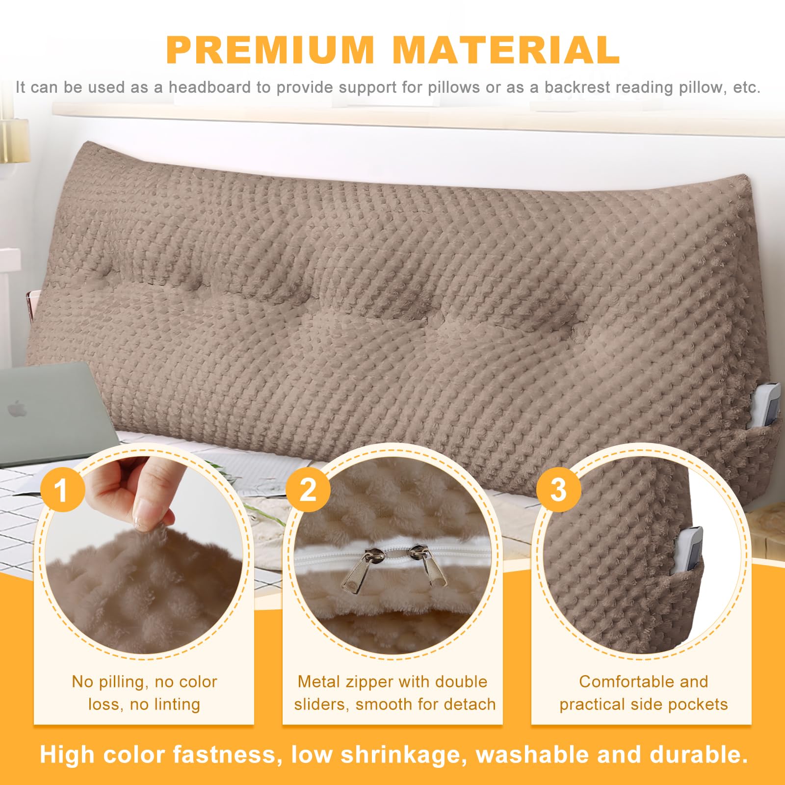 WUIOYNF Large Triangular Headboard Wedge Pillow Soft and Supportive Headboard Backrest Positioning Support Bolster Cushion, Bed Wedge Pillow with Removable Cover(Brown,Dorm,24x8x20inch)