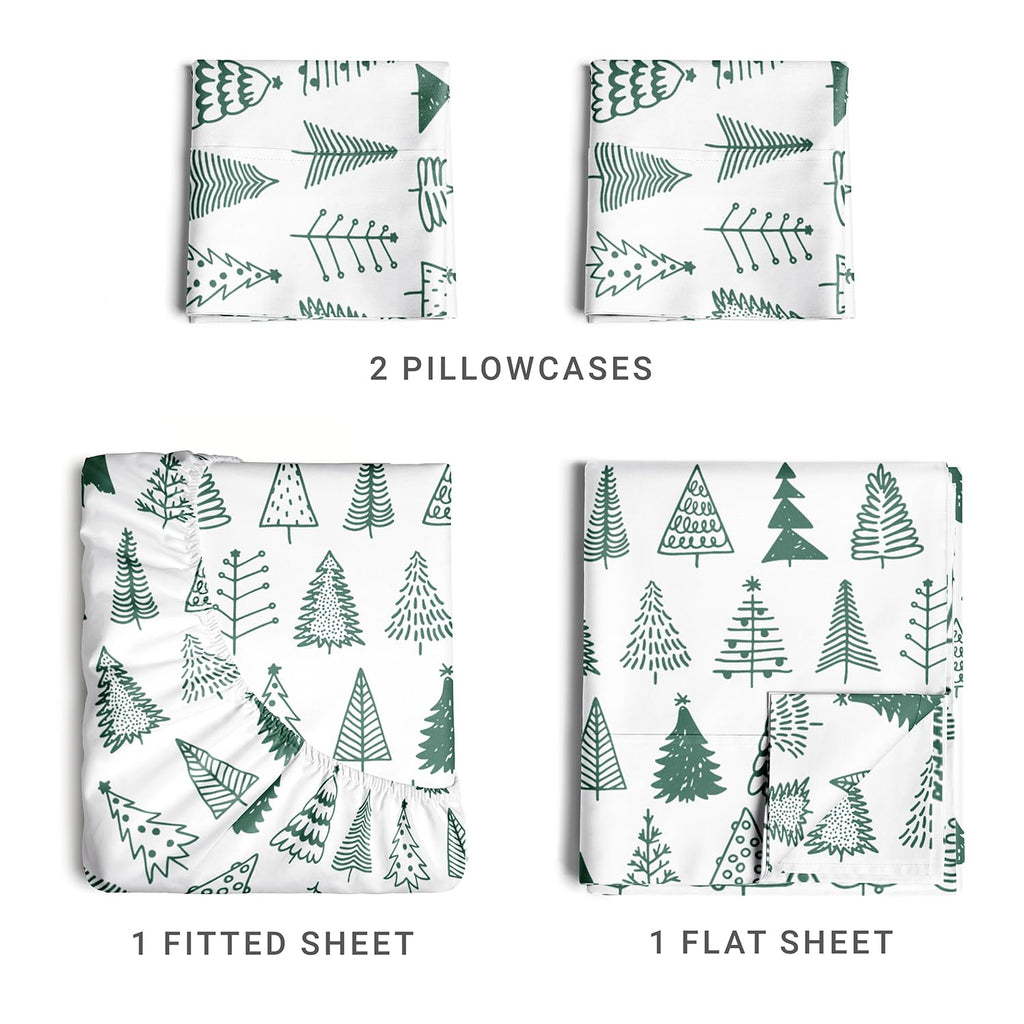 Queen Christmas Tree Sheet Set - Holiday Xmas Pattern Linen Set - Deep Pockets - Snug Fit - 4 Piece - Wrinkle Free - Comfy & Cooling Festive Winter Bedding - Easy To Care For - Kid Friendly