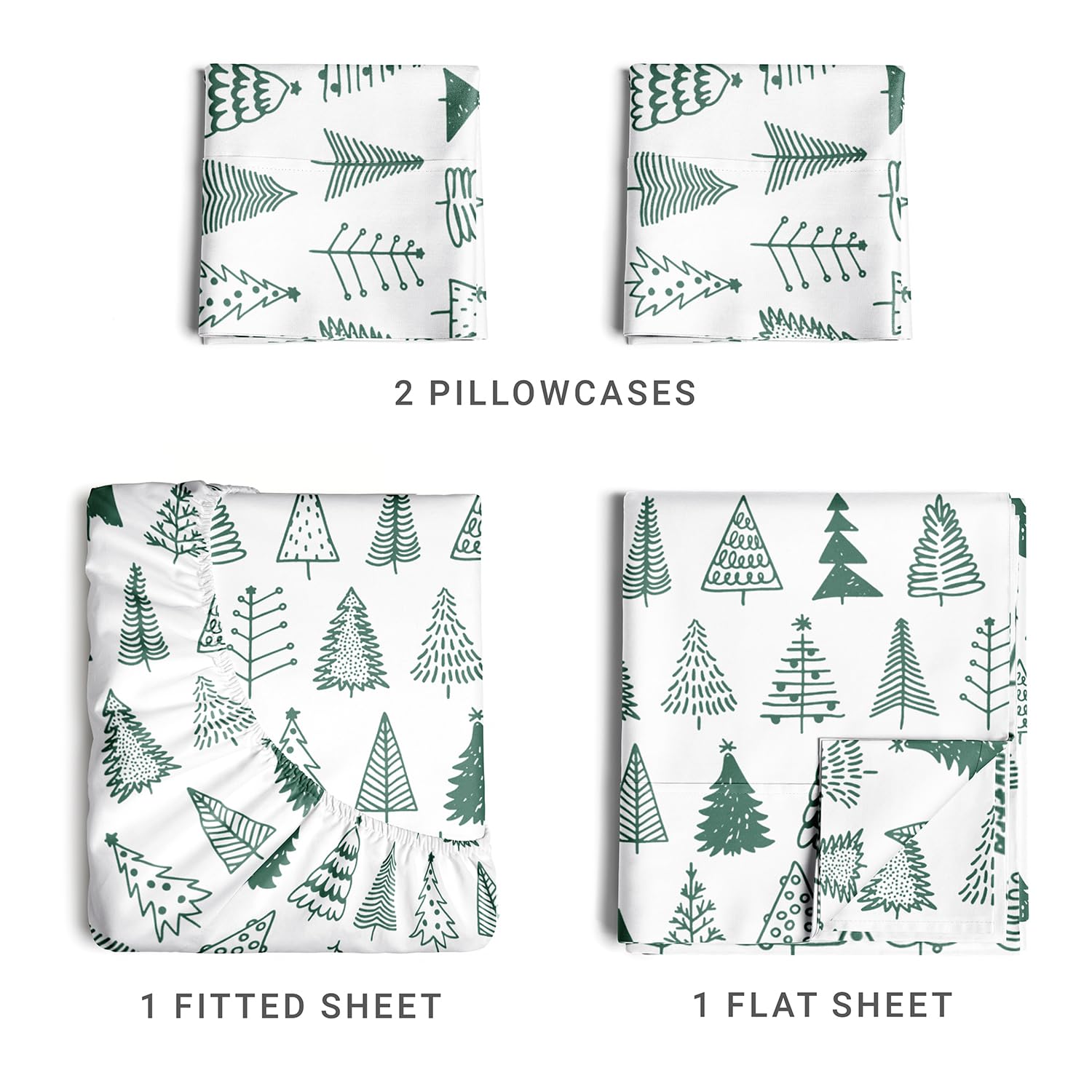 Queen Christmas Tree Sheet Set - Holiday Xmas Pattern Linen Set - Deep Pockets - Snug Fit - 4 Piece - Wrinkle Free - Comfy & Cooling Festive Winter Bedding - Easy To Care For - Kid Friendly