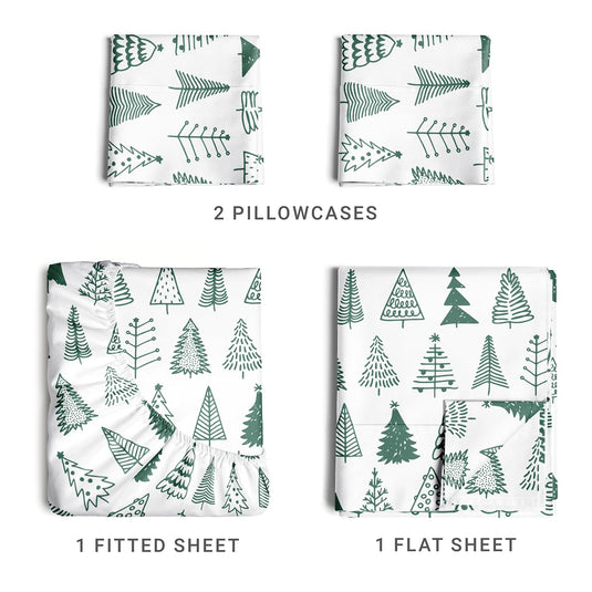 Queen Christmas Tree Sheet Set - Holiday Xmas Pattern Linen Set - Deep Pockets - Snug Fit - 4 Piece - Wrinkle Free - Comfy & Cooling Festive Winter Bedding - Easy To Care For - Kid Friendly