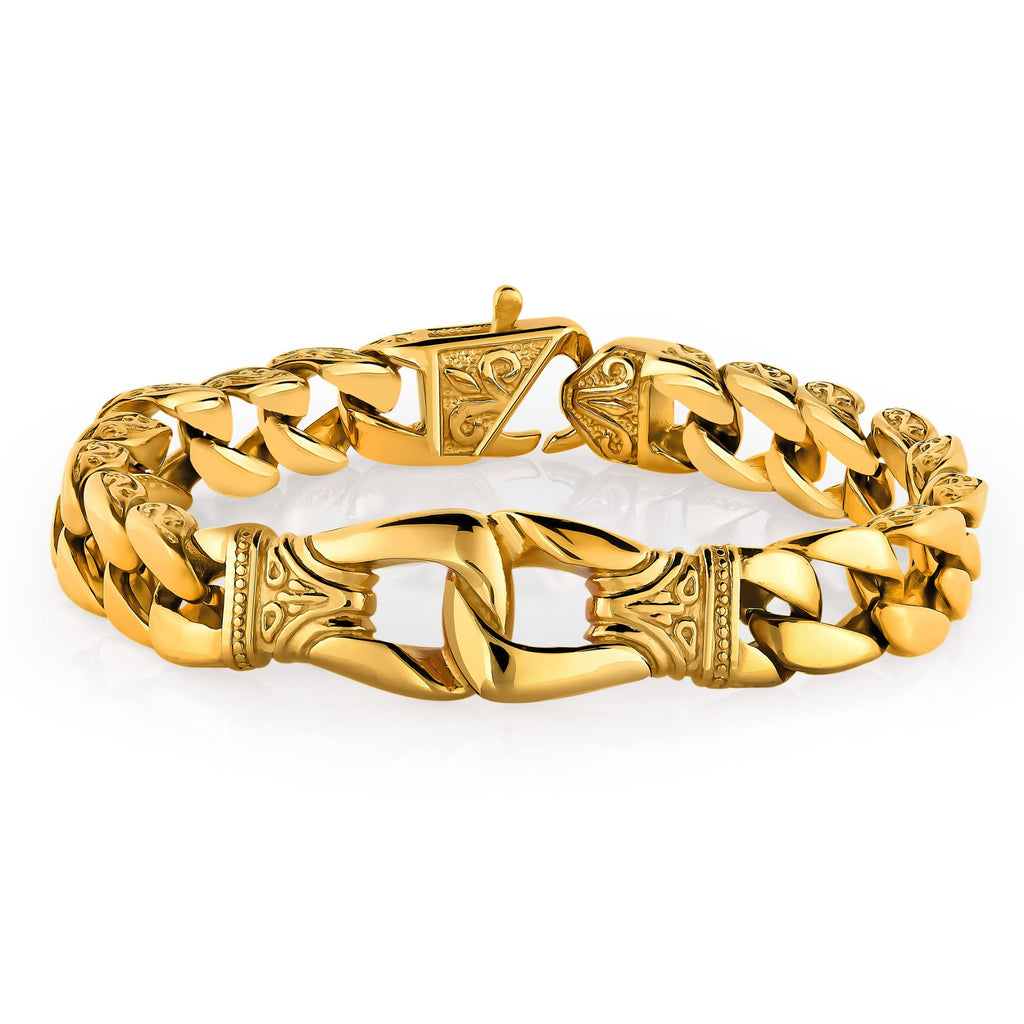 Urban Jewelry Men’s Stainless Steel Link Bracelet – 9-Inch Heavy 0.5” Wide Chain – Silver/Black or Gold/Black – Chain Option – Bold Design – Gift Box Included