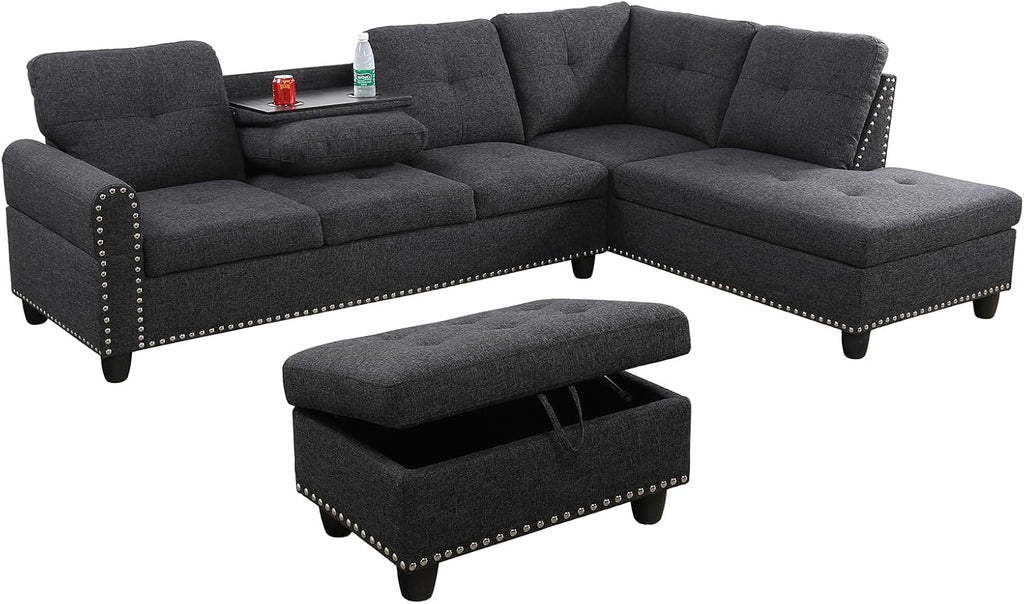 L Shaped Sectional Couches, Modular Sectional Sofa with Ottoman Storage, Nail-Head Design Lounge Sofa with Reversible Cup Holder for Living Room, Bedroom, Gray
