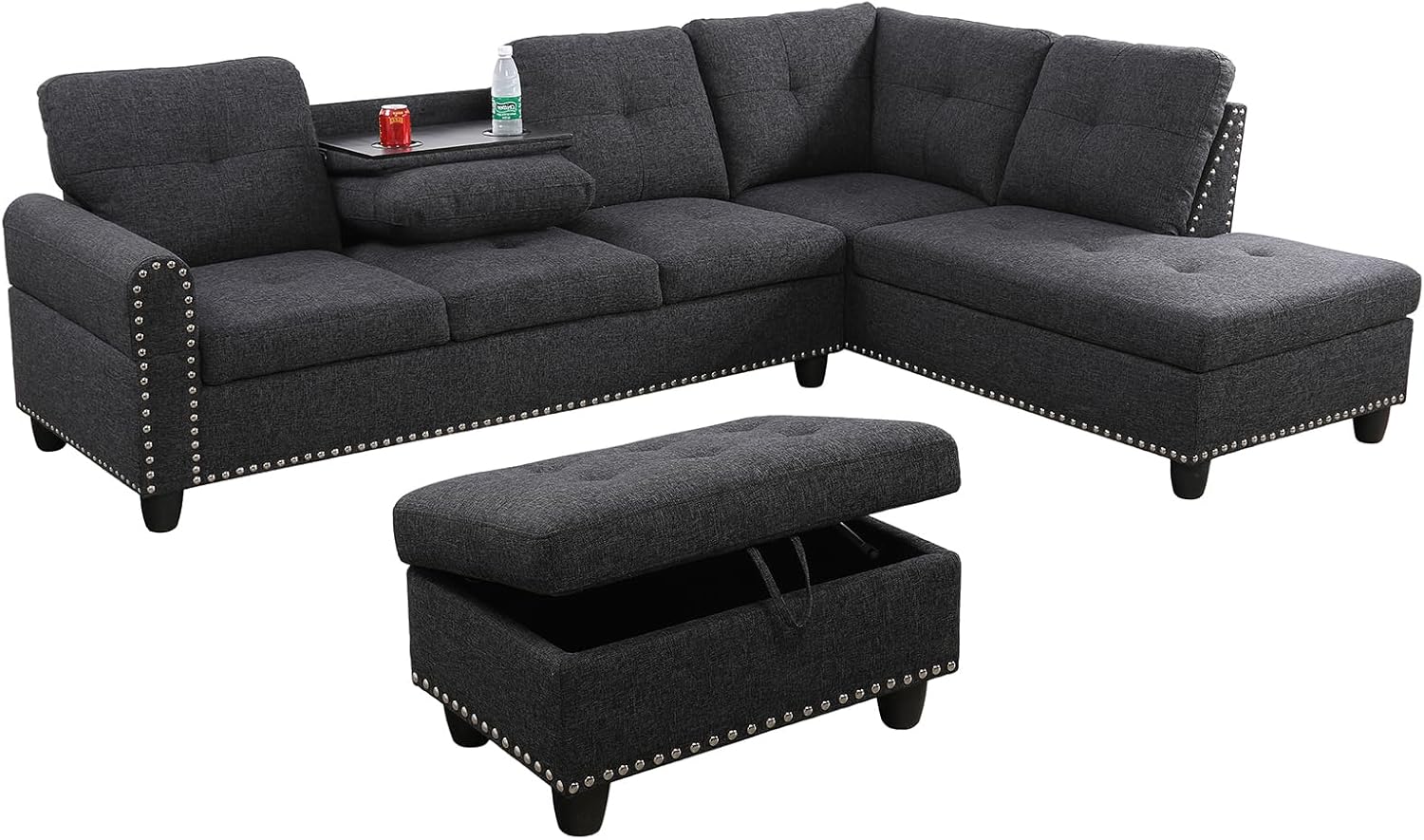 L Shaped Sectional Couches, Modular Sectional Sofa with Ottoman Storage, Nail-Head Design Lounge Sofa with Reversible Cup Holder for Living Room, Bedroom, Gray