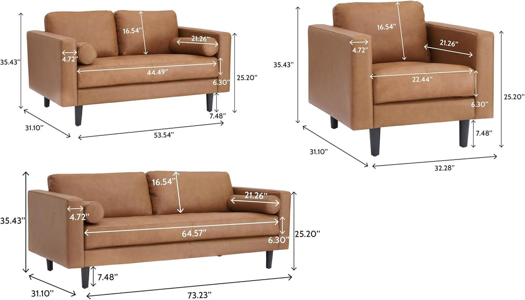 Naomi Home Marisa Genuine Leather 3 Piece Sofa Set - Revel in Exquisite Leather Opulence - Unparalleled Luxury Mid-Century 3 Piece Sofa Set- Embodiment of Cozy Lounging,Contemporary Design,Tan