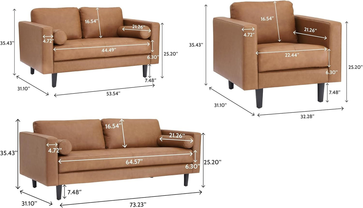 Naomi Home Marisa Genuine Leather 3 Piece Sofa Set - Revel in Exquisite Leather Opulence - Unparalleled Luxury Mid-Century 3 Piece Sofa Set- Embodiment of Cozy Lounging,Contemporary Design,Tan