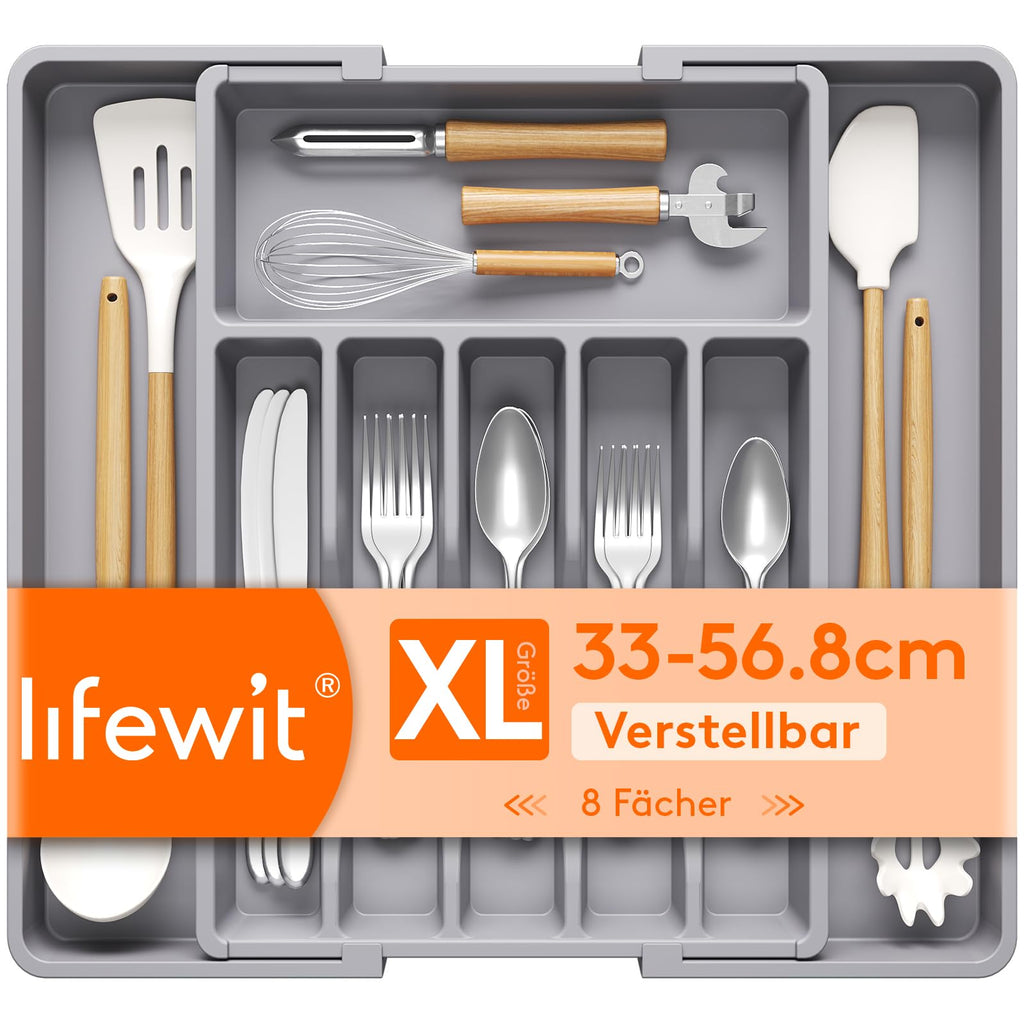 Lifewit Silverware Drawer Organizer, Expandable Utensil Tray for Kitchen, BPA Free Flatware and Cutlery Holder, Adjustable Plastic Storage for Spoons Forks Knives, 8.5-14 x 12", Black