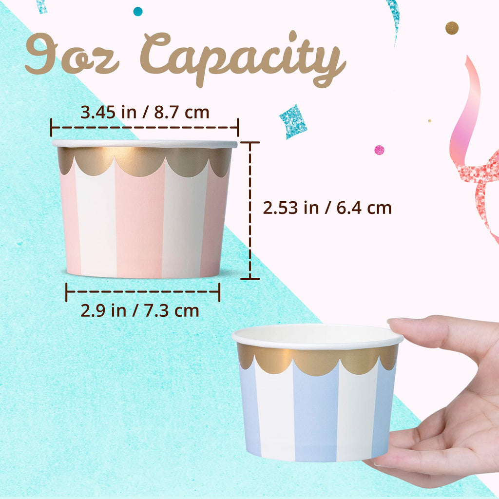 Paper Ice Cream Cups - 50-Count 9-Oz Disposable Dessert Bowls for Hot or Cold Food, 9-Ounce Party Supplies Treat Cups for Sundae, Frozen Yogurt, Soup, 5 Colors Pastel Stripes with Scalloped Gold Foil