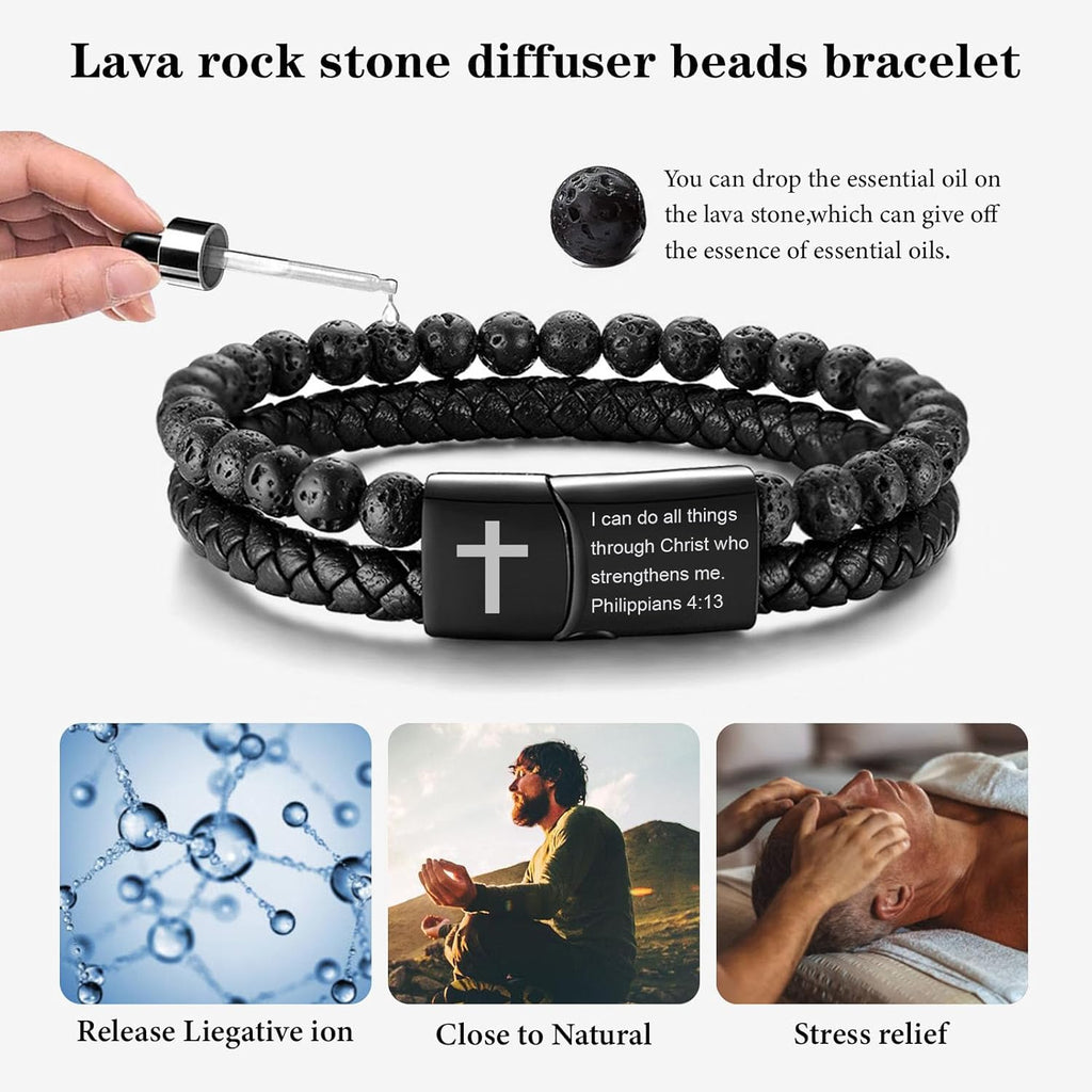 MEALGUET Men's Inspirational Bible Verse Bracelets Lava Rock Bead Bracelet Healing Balancing Braided Leather Wristband with Magnetic Clasp