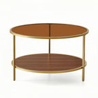 Modern Round Glass Coffee Table with Amber Glass Top, Round Glass Table for Living Room, D30''×H18'', Gold Table Legs Structure & Amber Glass Top