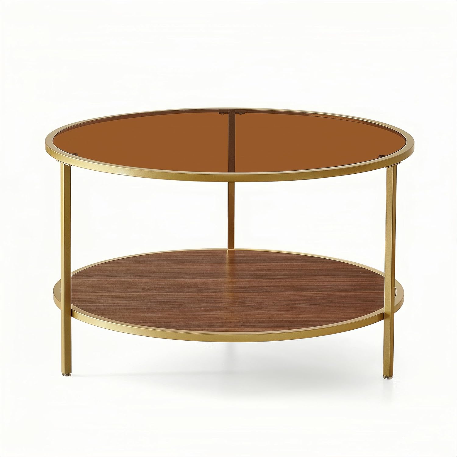 Modern Round Glass Coffee Table with Amber Glass Top, Round Glass Table for Living Room, D30''×H18'', Gold Table Legs Structure & Amber Glass Top