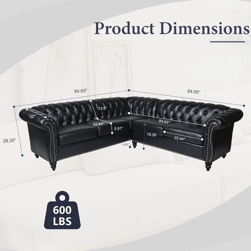 L Shaped Small Sectional Sofa, Chesterfield Leather Couch Tufted Accent Sofa with Scroll Arms and Nailhead for Living Room, Office