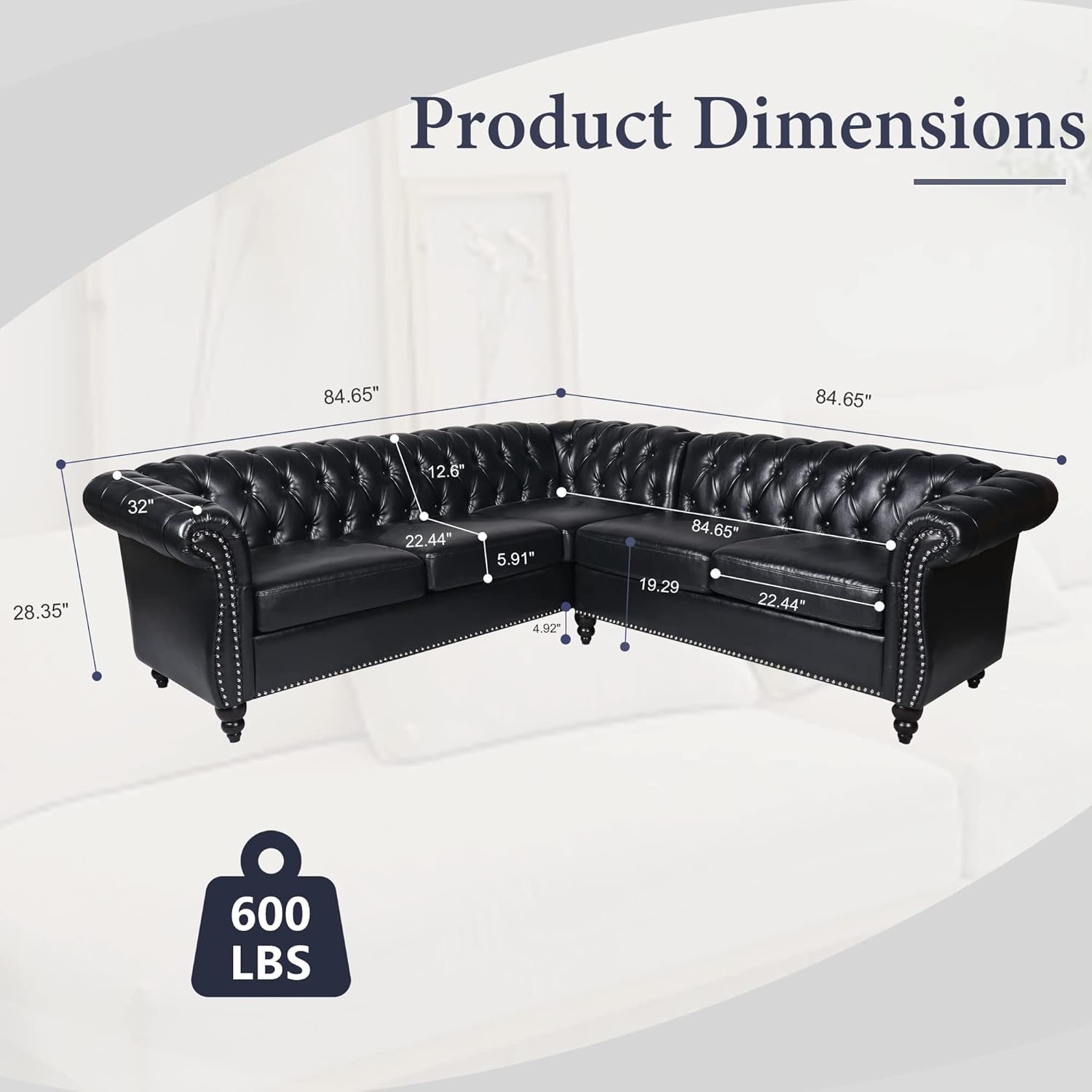 L Shaped Small Sectional Sofa, Chesterfield Leather Couch Tufted Accent Sofa with Scroll Arms and Nailhead for Living Room, Office