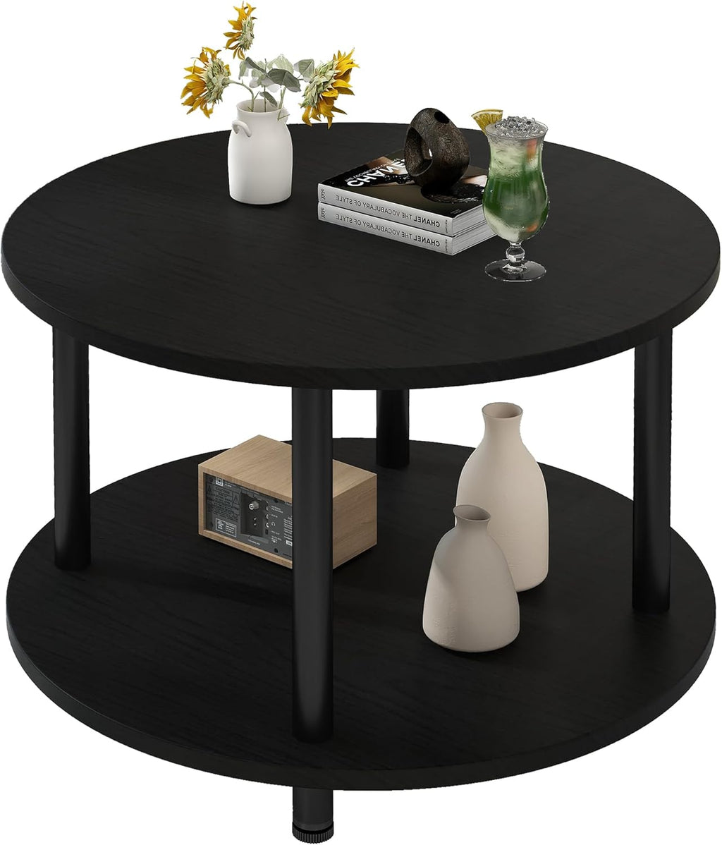 23.6" Round Coffee Table, 2-Tier Small Circle Coffee Table with Storage, Modern Center Accent Table with Metal Frame, Side Table End Table for Small Space, Living Room, Office, Black