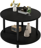 23.6" Round Coffee Table, 2-Tier Small Circle Coffee Table with Storage, Modern Center Accent Table with Metal Frame, Side Table End Table for Small Space, Living Room, Office, Black