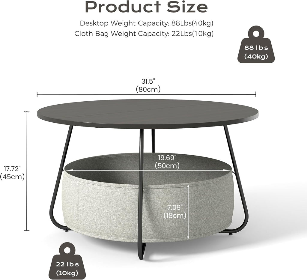 Manora Small Round Coffee Table for Living Room, Modern Center Table with Fabric Basket Storage, Cute Circle Table for Small Spaces, Metal Frame, Dark Brown and Black