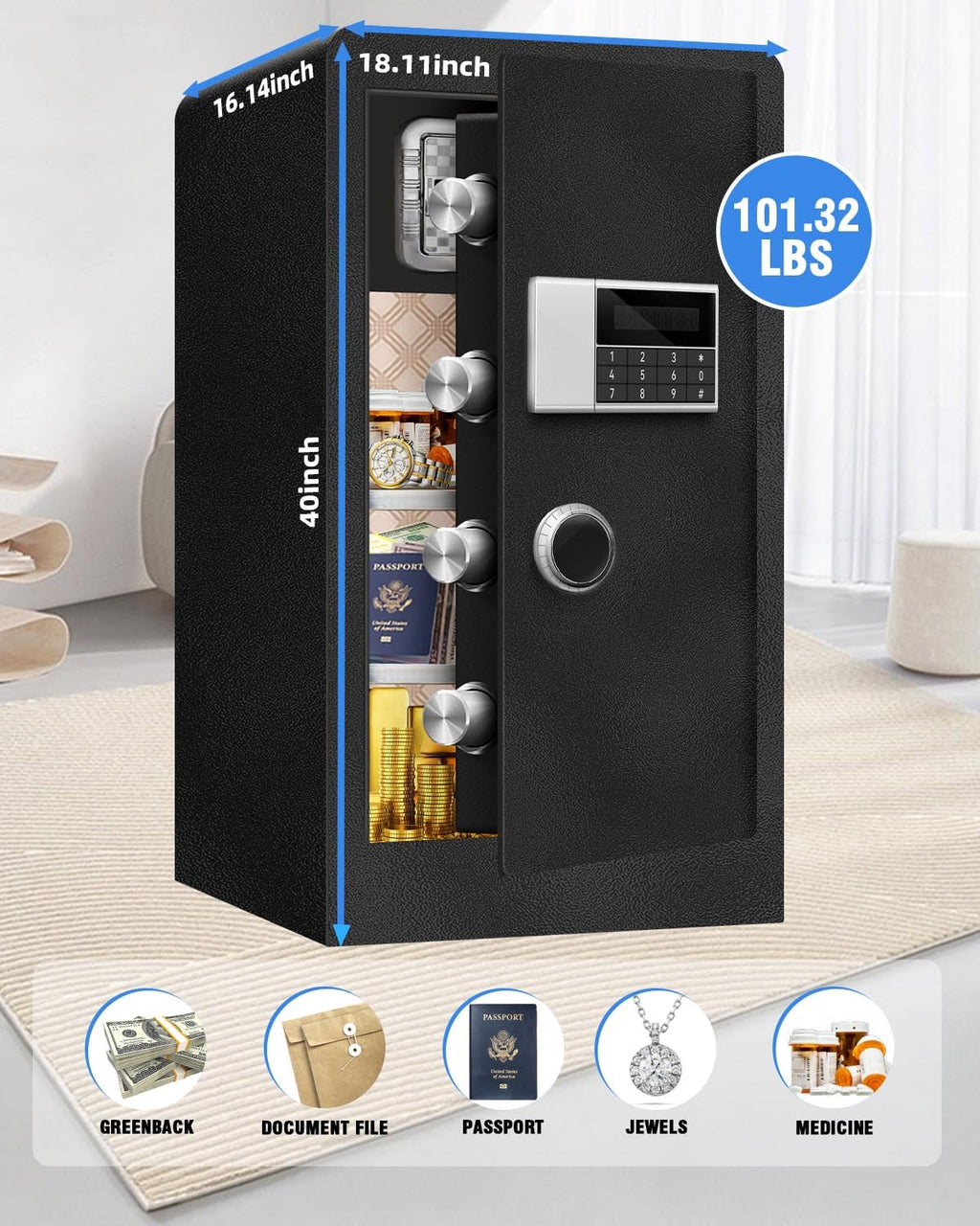 HOLOJOY Stor brandsikker vandtæt pengeskabsboks til hjemmekontordokumenter - 9,0 Cu Ft Heavy Duty stål LCD-skærm Digital sikkerhedsboks med LED-lys, aftagelig hylde til penge Smykker værdigenstande