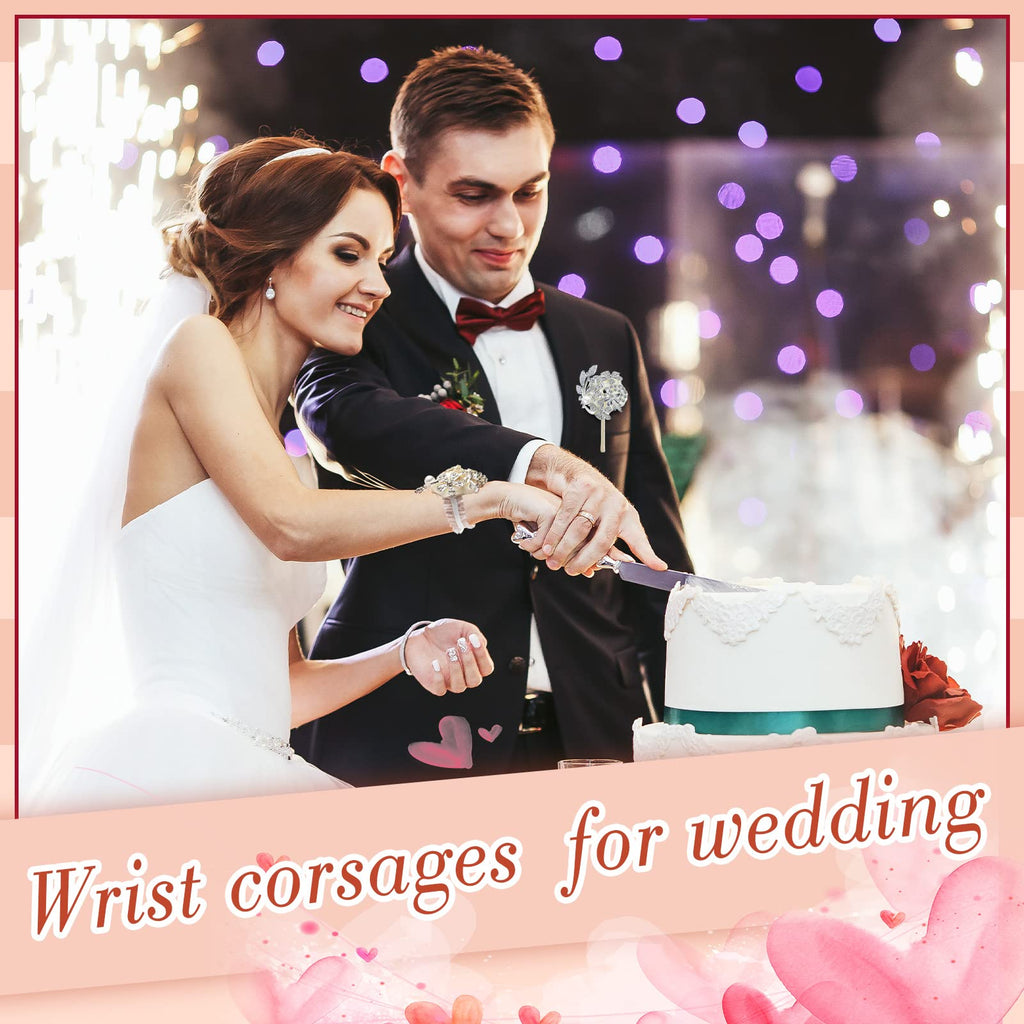 Yunsailing 2 Pcs Artificial Corsages Wrist Flower Rhinestone Wrist Corsage Artificial Silk Corsage Wedding Wrist Corsage for Wedding Boutonniere Wrist Flowers Party Bridal Shower (Silver Ivory)