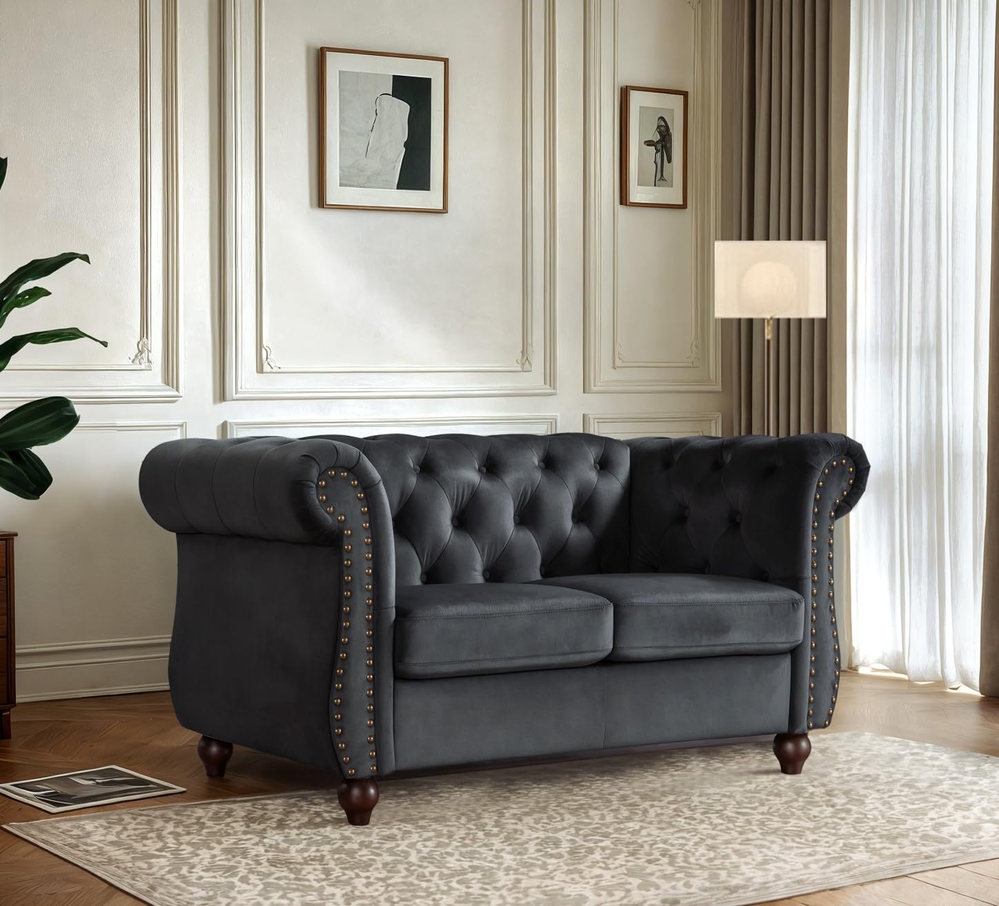 Container Furniture Velvet Chesterfield Couch, Button-Tufted Backrest, Rolled Arms, High-Density Foam with Spring Support, Elegant Accent Piece, Sofa, Dark Blue