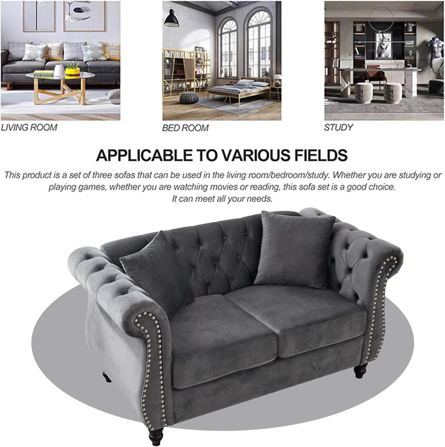 59" Chesterfield Loveseat Velvet Sofa for Living Room,2-Seater Sofa Tufted Couch with Two Pillows,Rolled Arms and Nailhead for Living Room, Bedroom, Office Grey
