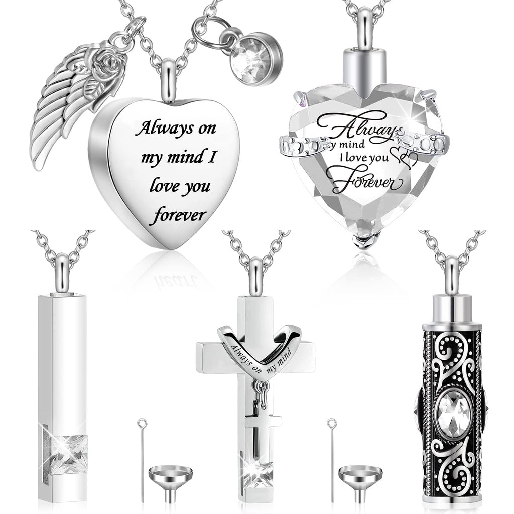 Fumete 5 Pcs Ashes Urn Necklace Keepsake Cremation Heart Cross Cubic Jewelry for Ashes Stainless Steel Memorial Locket Urn Keepsake Necklace for Women Men Loved Ones, 5 Styles