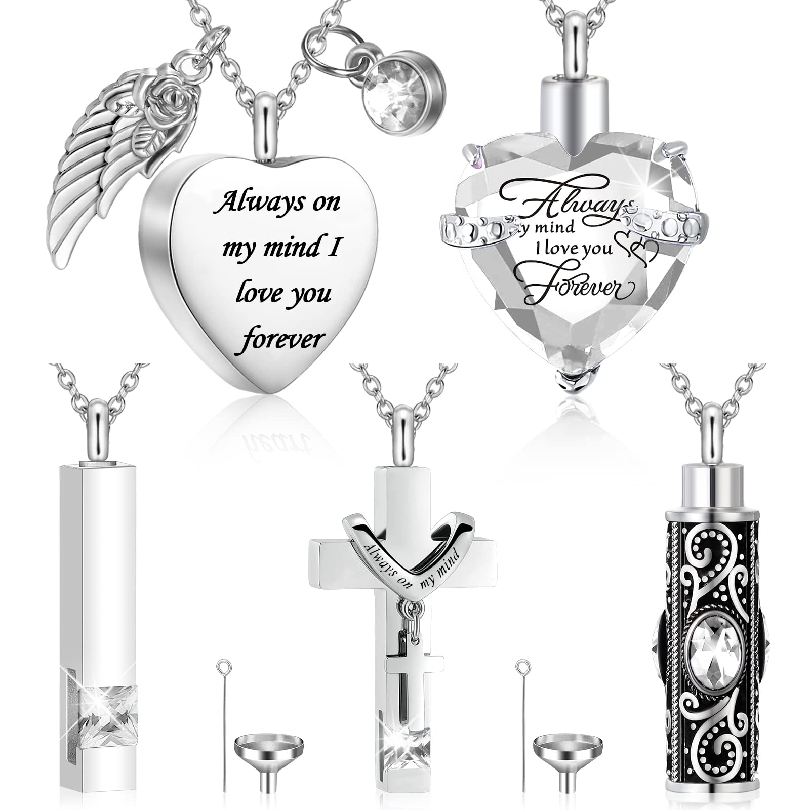 Fumete 5 Pcs Ashes Urn Necklace Keepsake Cremation Heart Cross Cubic Jewelry for Ashes Stainless Steel Memorial Locket Urn Keepsake Necklace for Women Men Loved Ones, 5 Styles