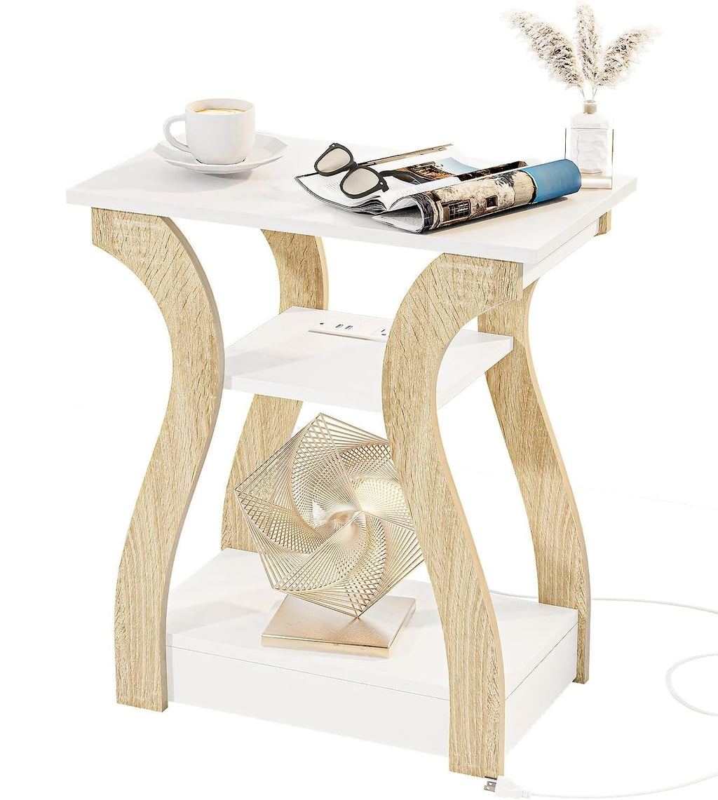 End Tables Living Room, White End Table with Charging Station,White Side Table, Nightstand for Bedroom, 3 Tier End Table with Storage Shelf for Living Room