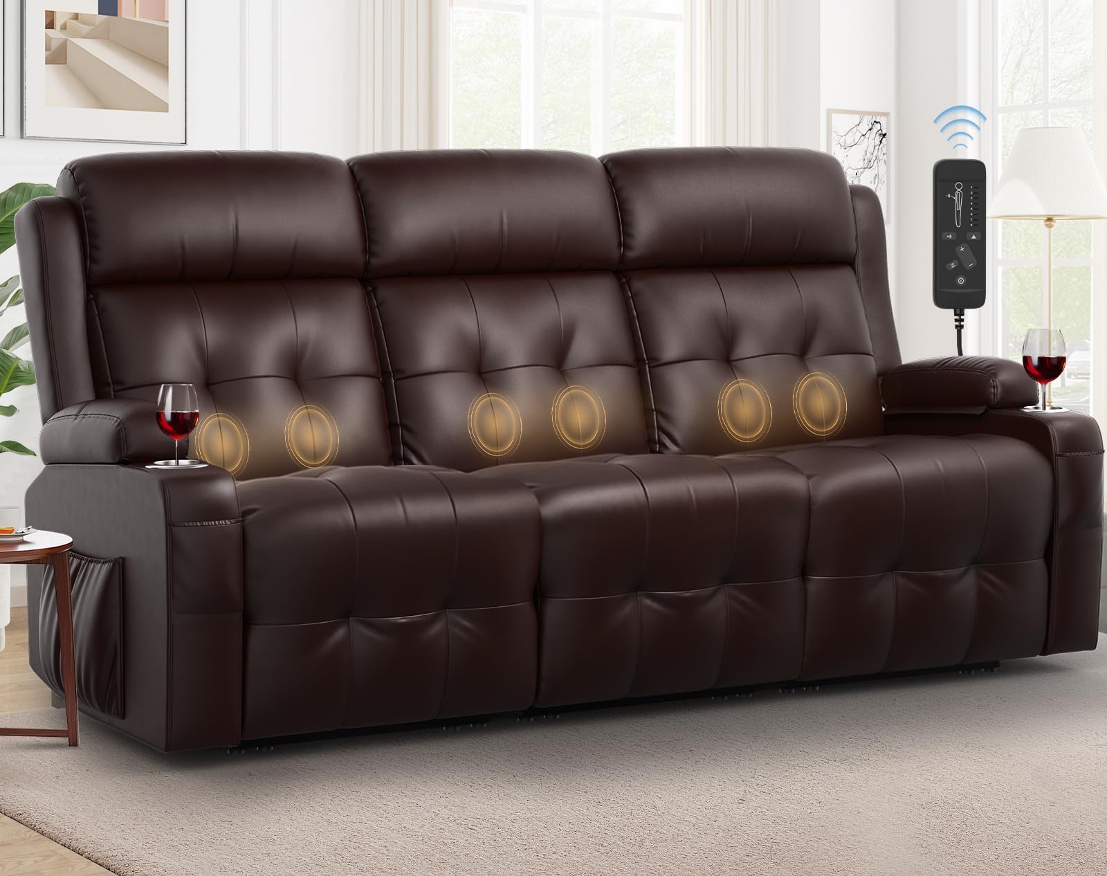 Recliner Sofa, Massage Reclining 3 Seater Sofa Sets Heavy Weight Capacity, RV Loveseat Clearance with Storage, Cup Holders, Wall Hugger Couches for Living Room