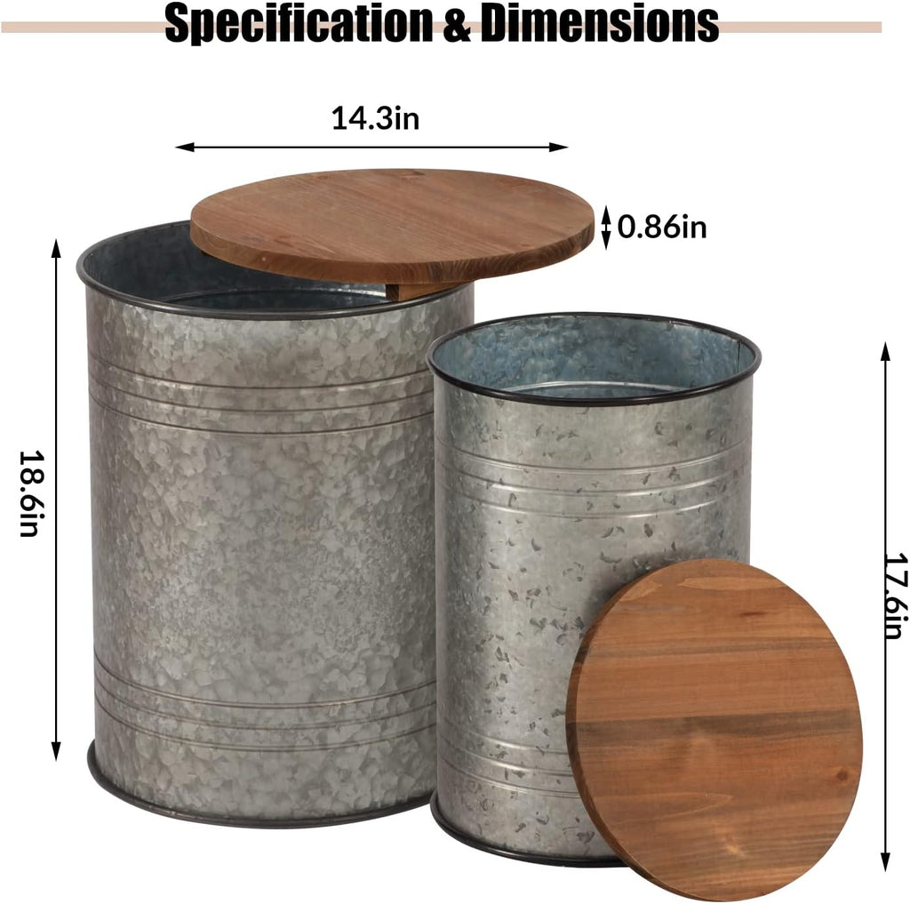 Poofzy Farmhouse End Tables Set of 2, Galvanized Metal Decor Side Table with Wood Lid, Coffee Table Storage Stool for Living Room (Grey)