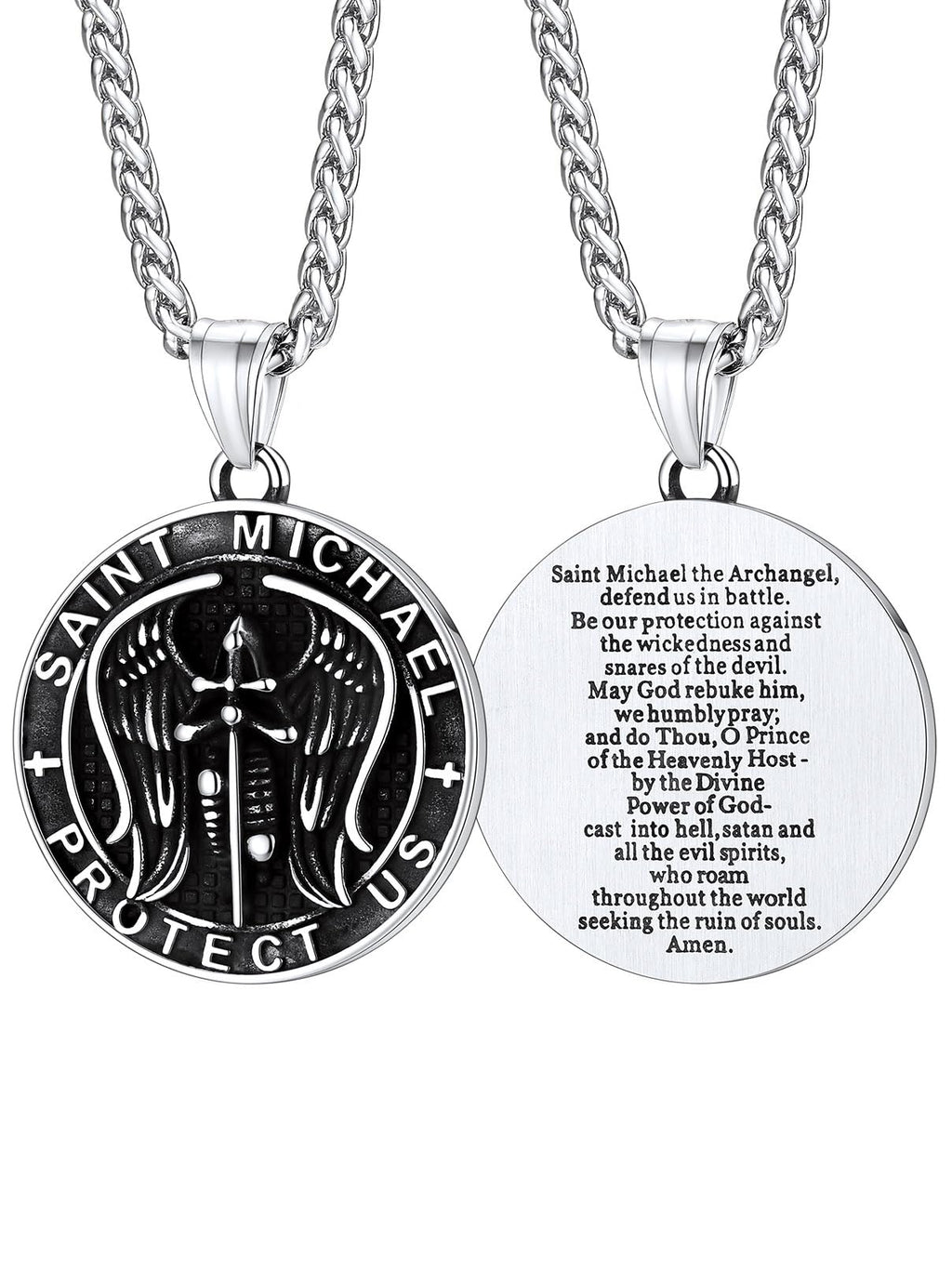 FaithHeart Saint Michael Necklace, Stainless Steel/18K Gold Plated St Michael the Archangel Pendant Amulet for Men Women with Gift Packaging