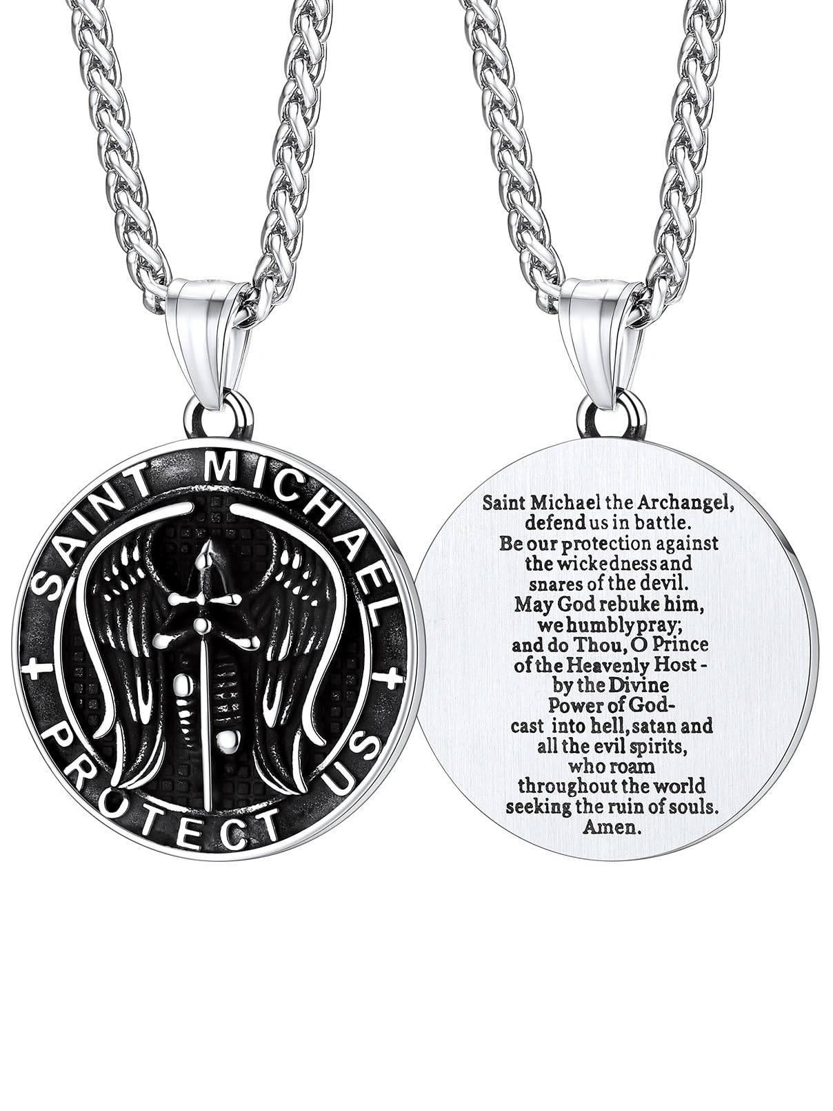 FaithHeart Saint Michael Necklace, Stainless Steel/18K Gold Plated St Michael the Archangel Pendant Amulet for Men Women with Gift Packaging