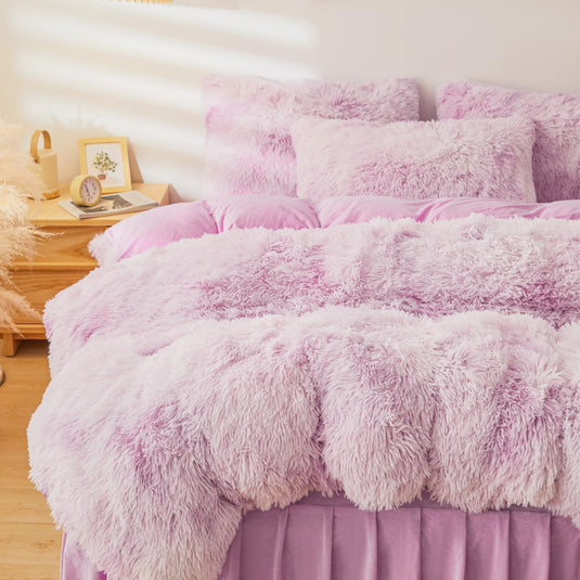 Fluffy Pink Faux Fur Comforter Cover Set，Fluffy Fuzzy Plush Pink Bedding 3Pcs (1 Faux Fur Duvet Cover +2 Fuzzy Pillowcases) Pink Fluffy Bed Set (Pink, Queen)