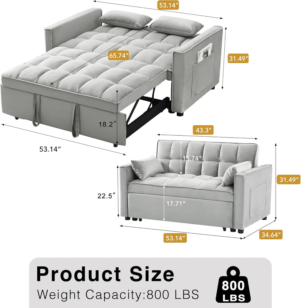 3 in 1 Convertible Sleeper Sofa Bed, Futon Couches for Living Room with Side Pocket | Adjustable Backrest | Velvet Fabric | Pull Out Couch | Small Loveseat | Sectional Sofa Bed(Grey)