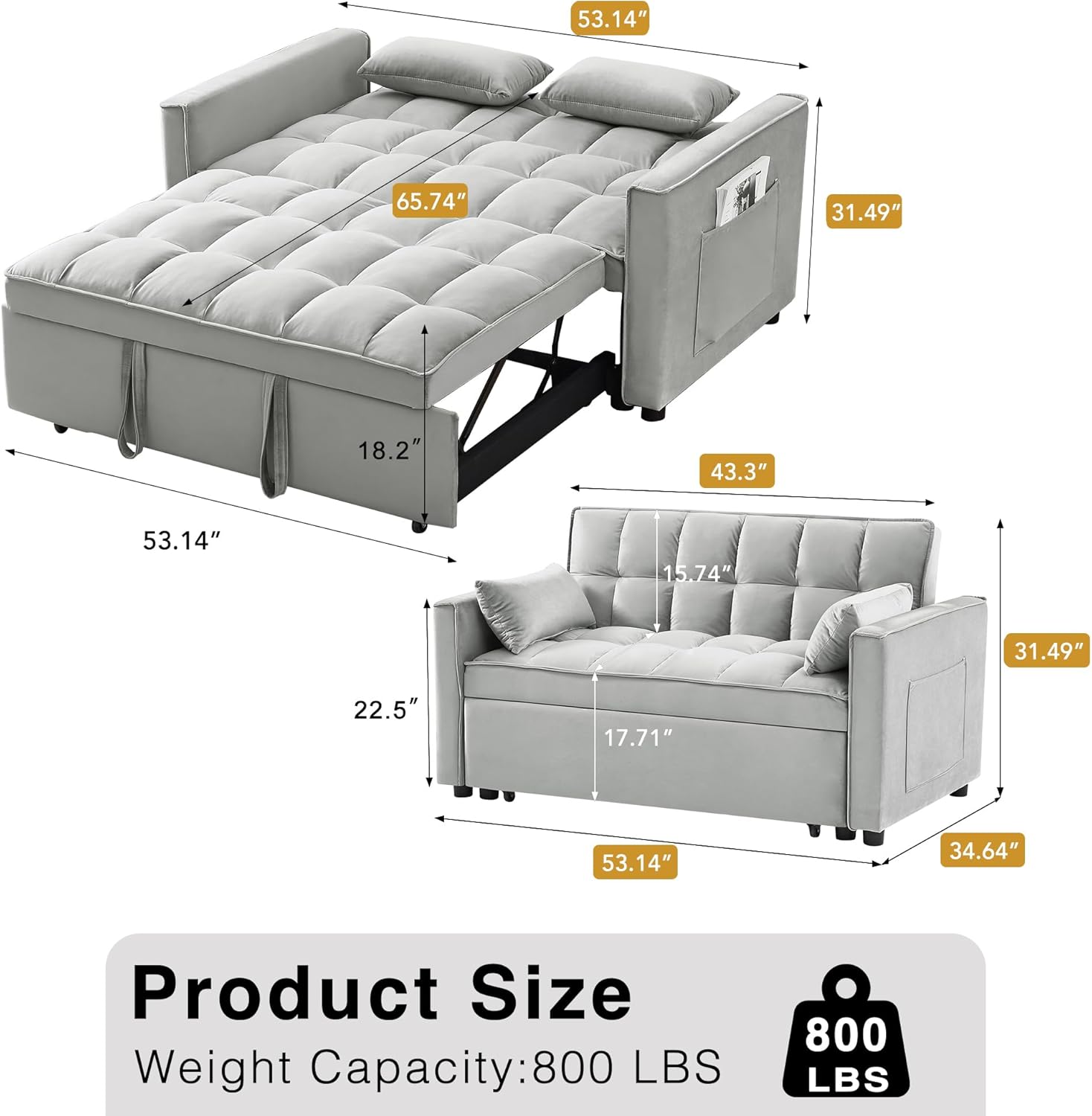 3 in 1 Convertible Sleeper Sofa Bed, Futon Couches for Living Room with Side Pocket | Adjustable Backrest | Velvet Fabric | Pull Out Couch | Small Loveseat | Sectional Sofa Bed(Grey)