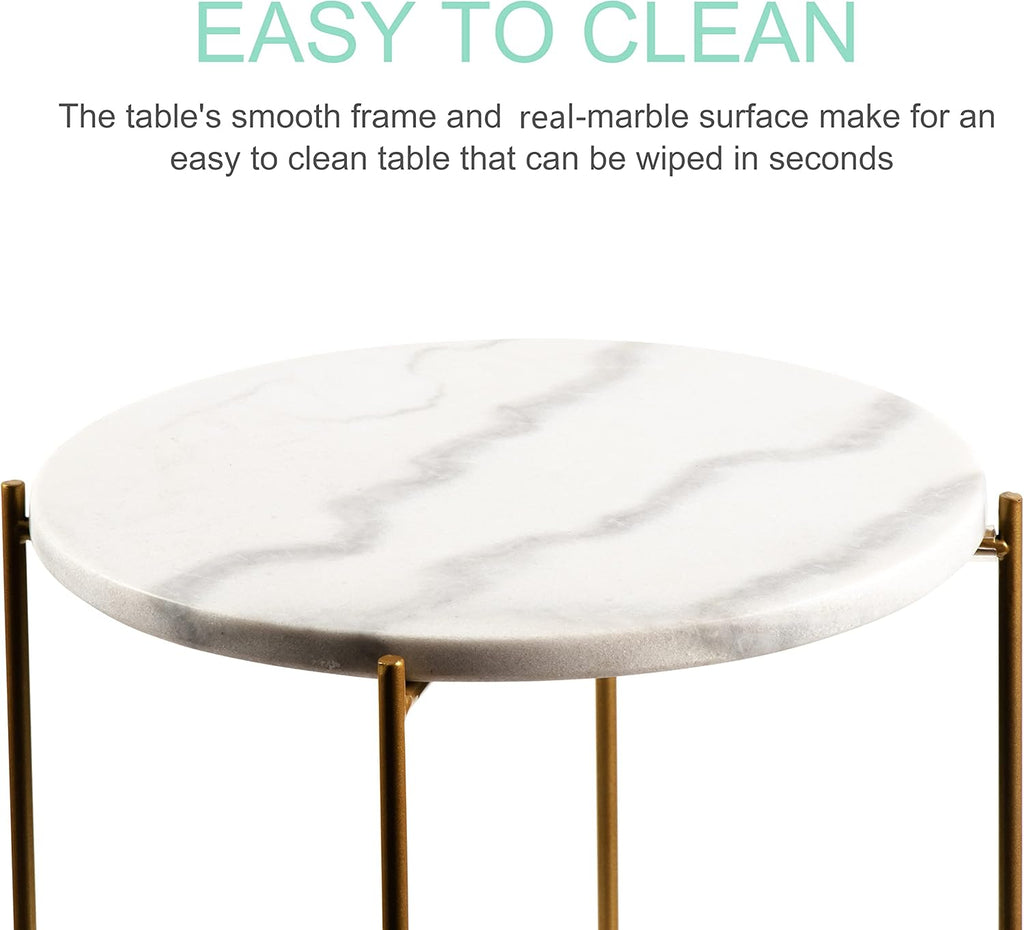 Real Marble top Gold Metal Round 15 in Side End Table with Modern Lightweiht Bedside Small Coffee Table Plant Stand for Living Room Bedroom Small Space
