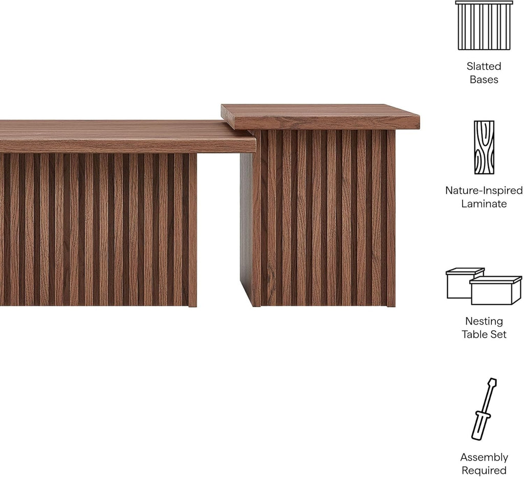 Modway Render Slatted Nesting Coffee Table Set in Walnut - 2 Piece Low Profile Coffee Table Mid Century Modern - Abstract Coffee Tables for Living Room - Nested Accent Tables